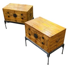Sublime Pair of Korean Honey Bamboo Parquetry Cabinets by Baker Furniture