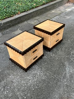 Pair of Scallop Mahogany Rush Cane Small Chests After Donghia- 2 Pr Available