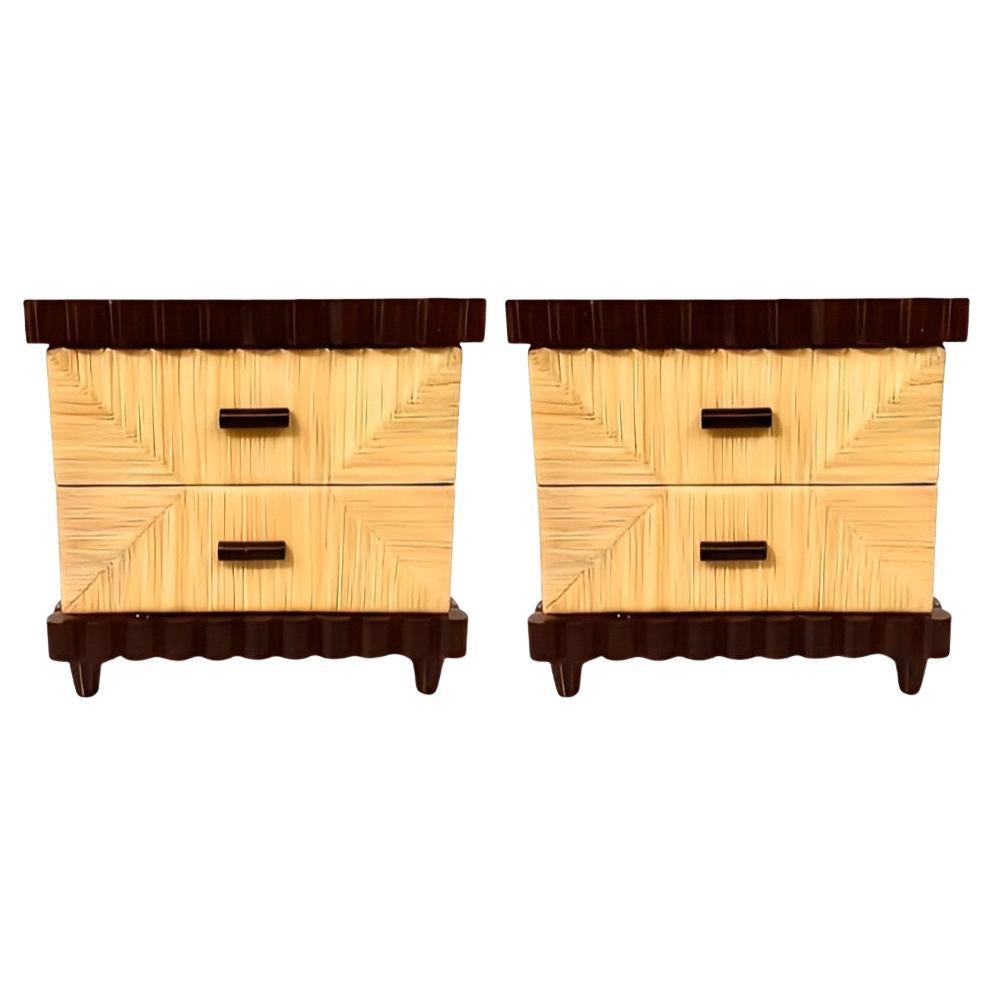 Pair of Scallop Mahogany Rush Cane Small Chests After Donghia- 2 Pr Available