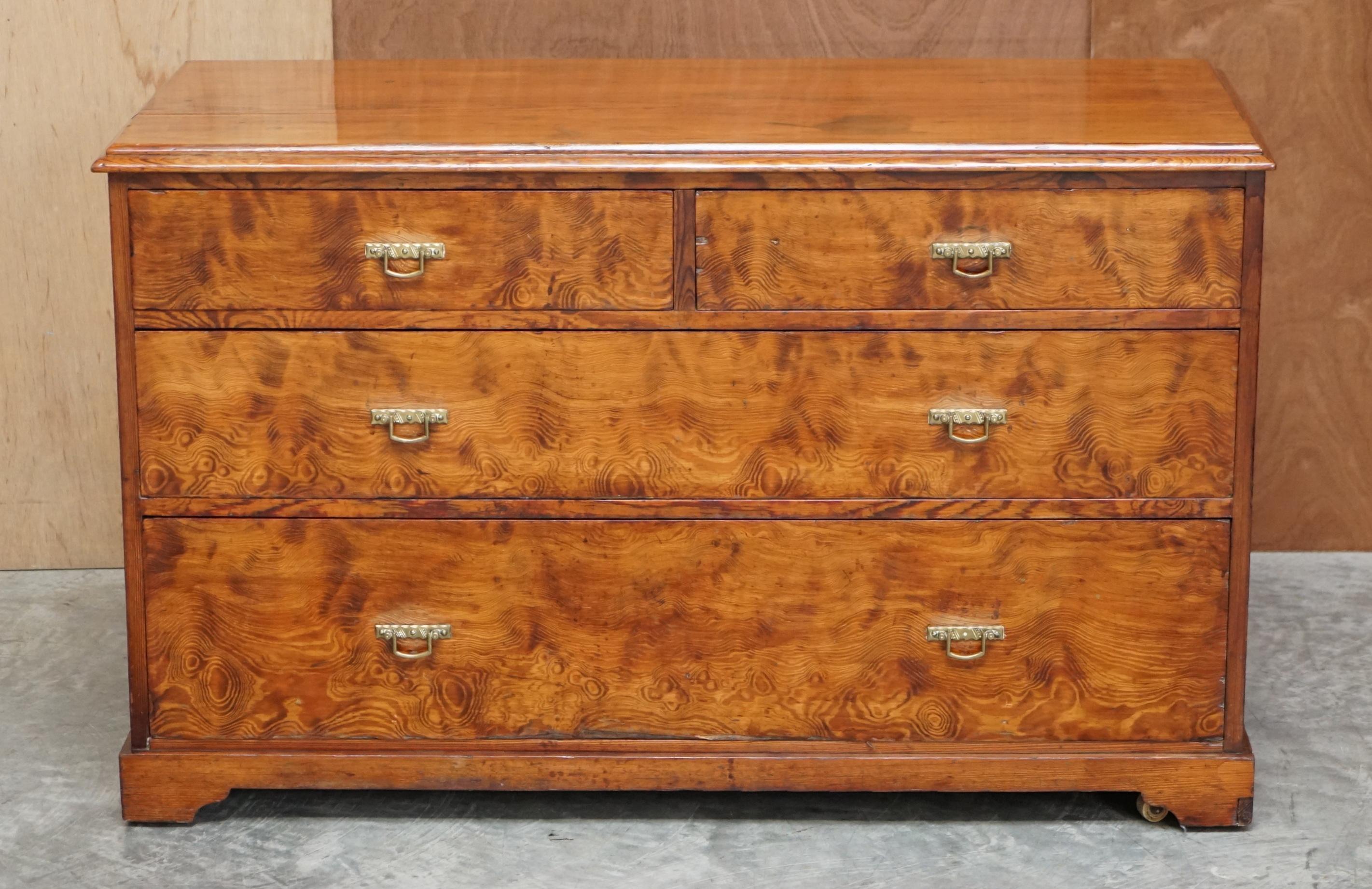 We are delighted to offer this absolutely stunning Victorian Pitch Pine low two over two chest of drawers with Victorian castors and stamped to the rear George Hudson

Please note the delivery fee listed is just a guide, it covers within the M25