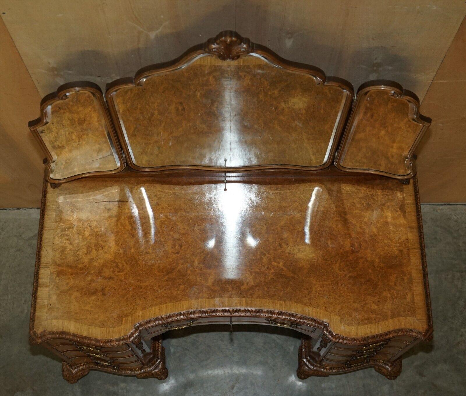 Sublime Quality Burr Walnut Hand Carved Dressing Table Part of Suite For Sale 3