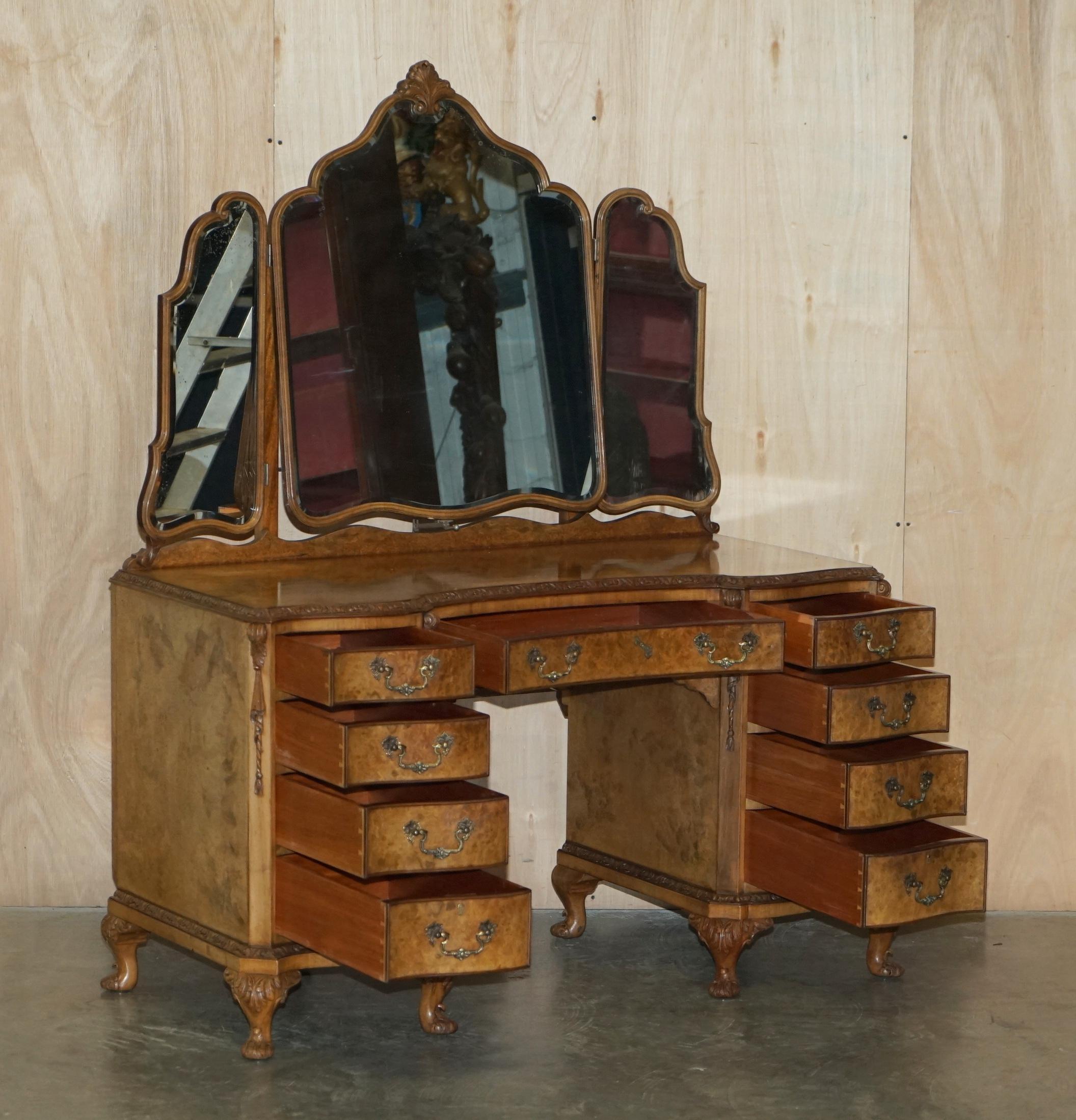 Sublime Quality Burr Walnut Hand Carved Dressing Table & Stool Part of Suite 6
