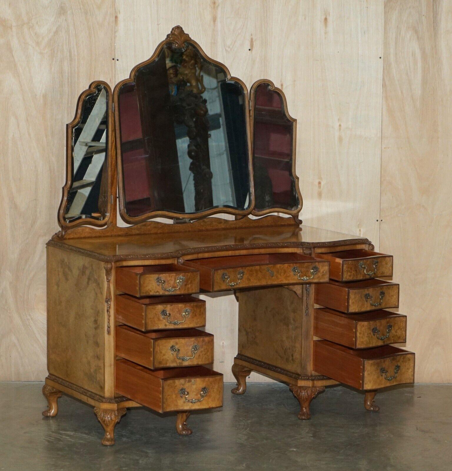 Sublime Quality Burr Walnut Hand Carved Dressing Table Part of Suite For Sale 7