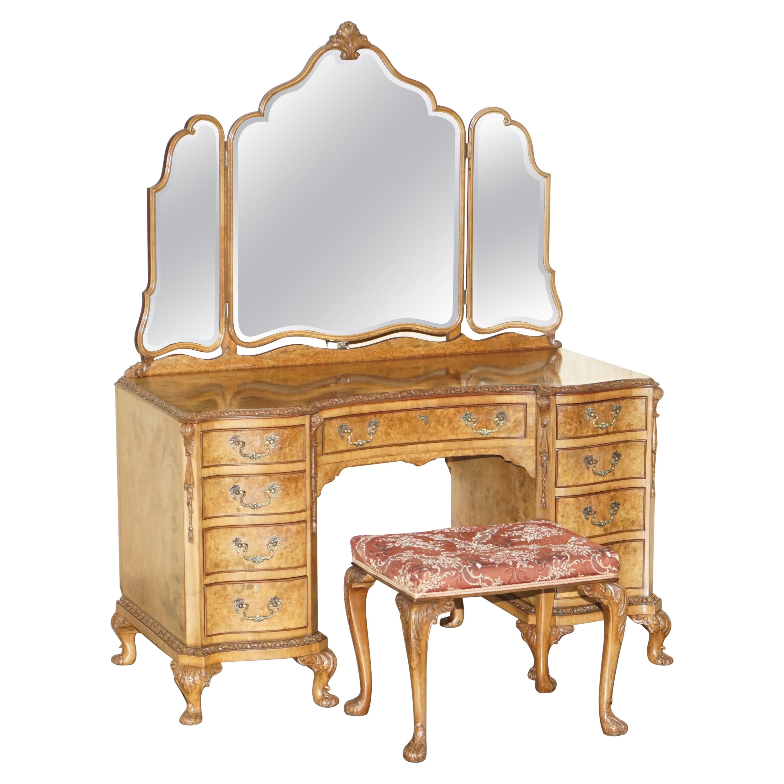 Sublime Quality Burr Walnut Hand Carved Dressing Table & Stool Part of Suite
