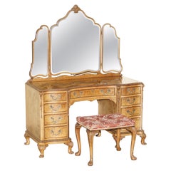 Vintage Sublime Quality Burr Walnut Hand Carved Dressing Table & Stool Part of Suite