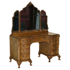 Vintage Sublime Quality Burr Walnut Hand Carved Dressing Table Part of Suite