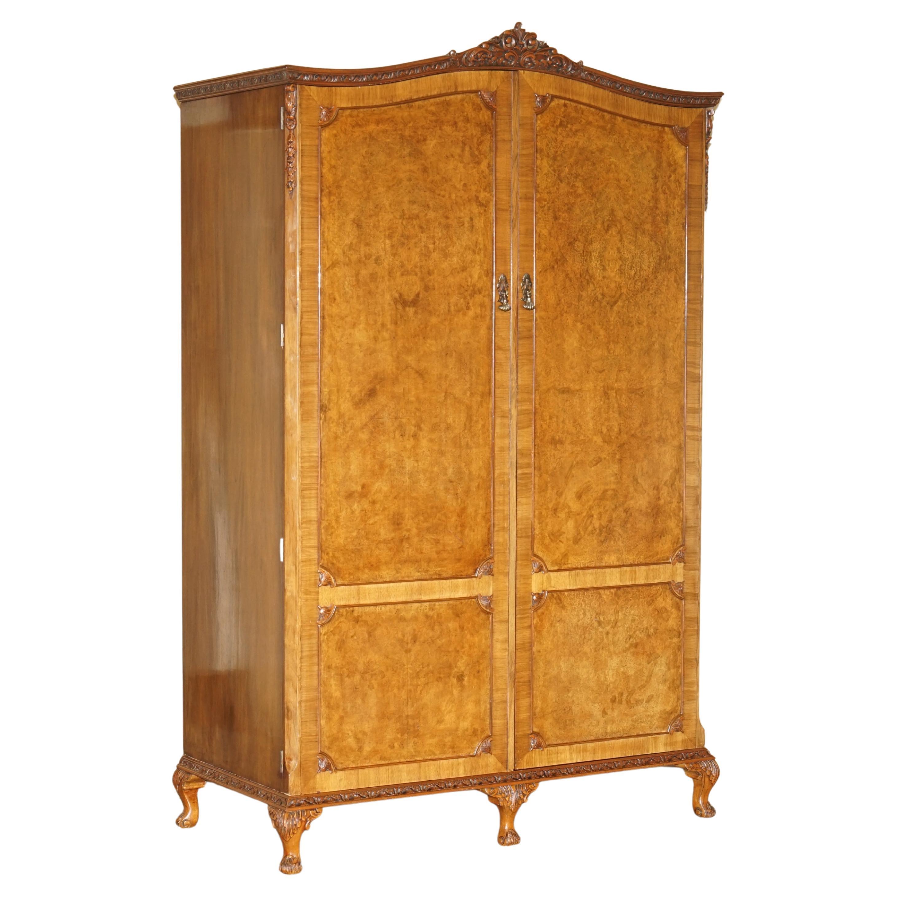 Sublime Quality Vintage circa 1940 Maple & Co Burr Walnut Wardrobe Claw & Ball For Sale