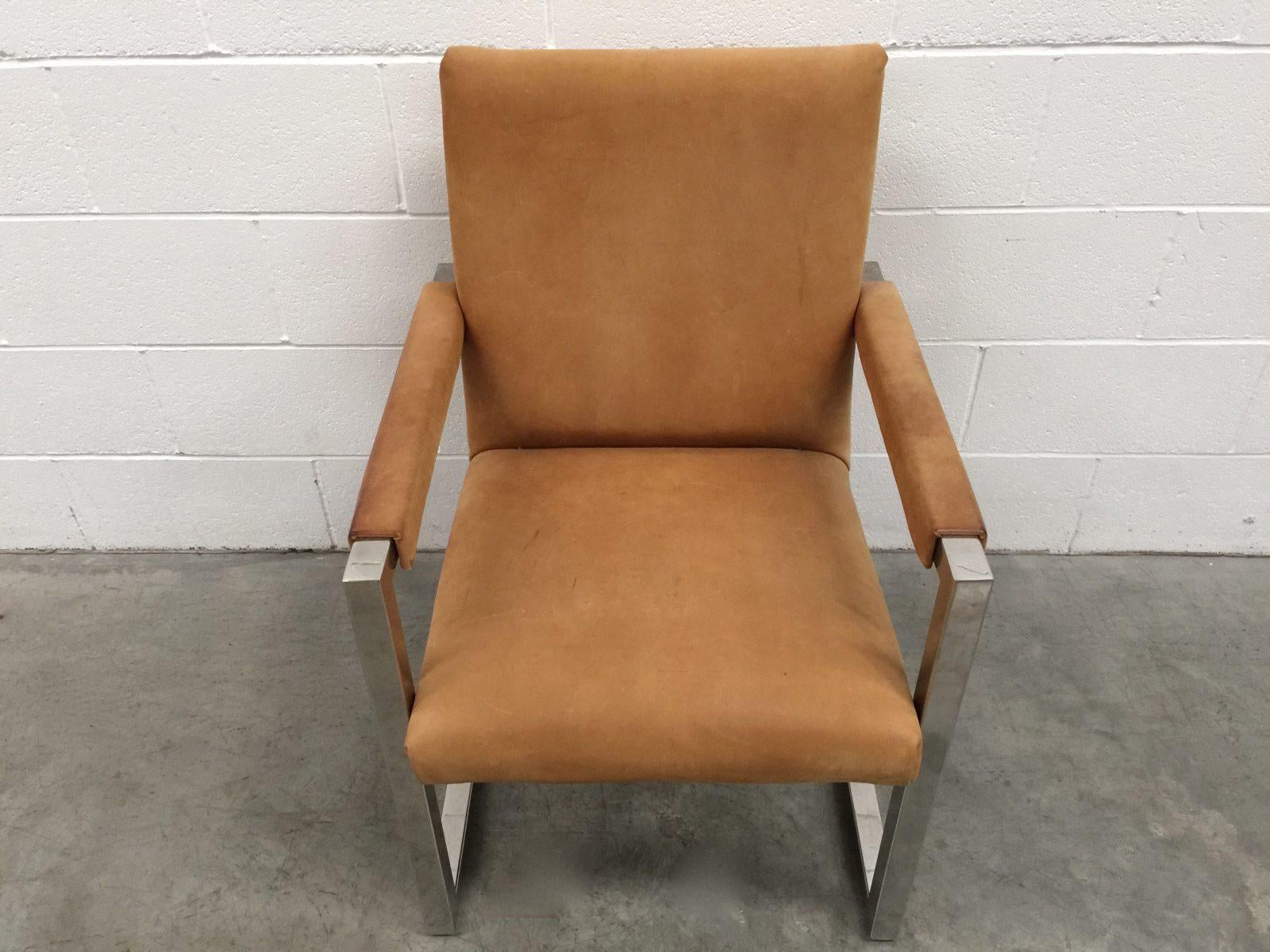 Contemporary Sublime Ralph Lauren “Polo” Square Armchair in Tan Suede & Chrome For Sale