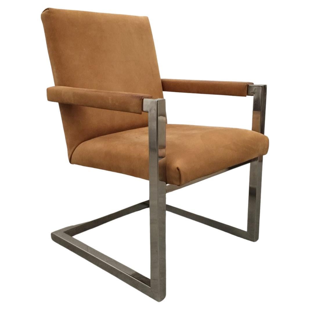 Sublime Ralph Lauren “Polo” Square Armchair in Tan Suede & Chrome For Sale