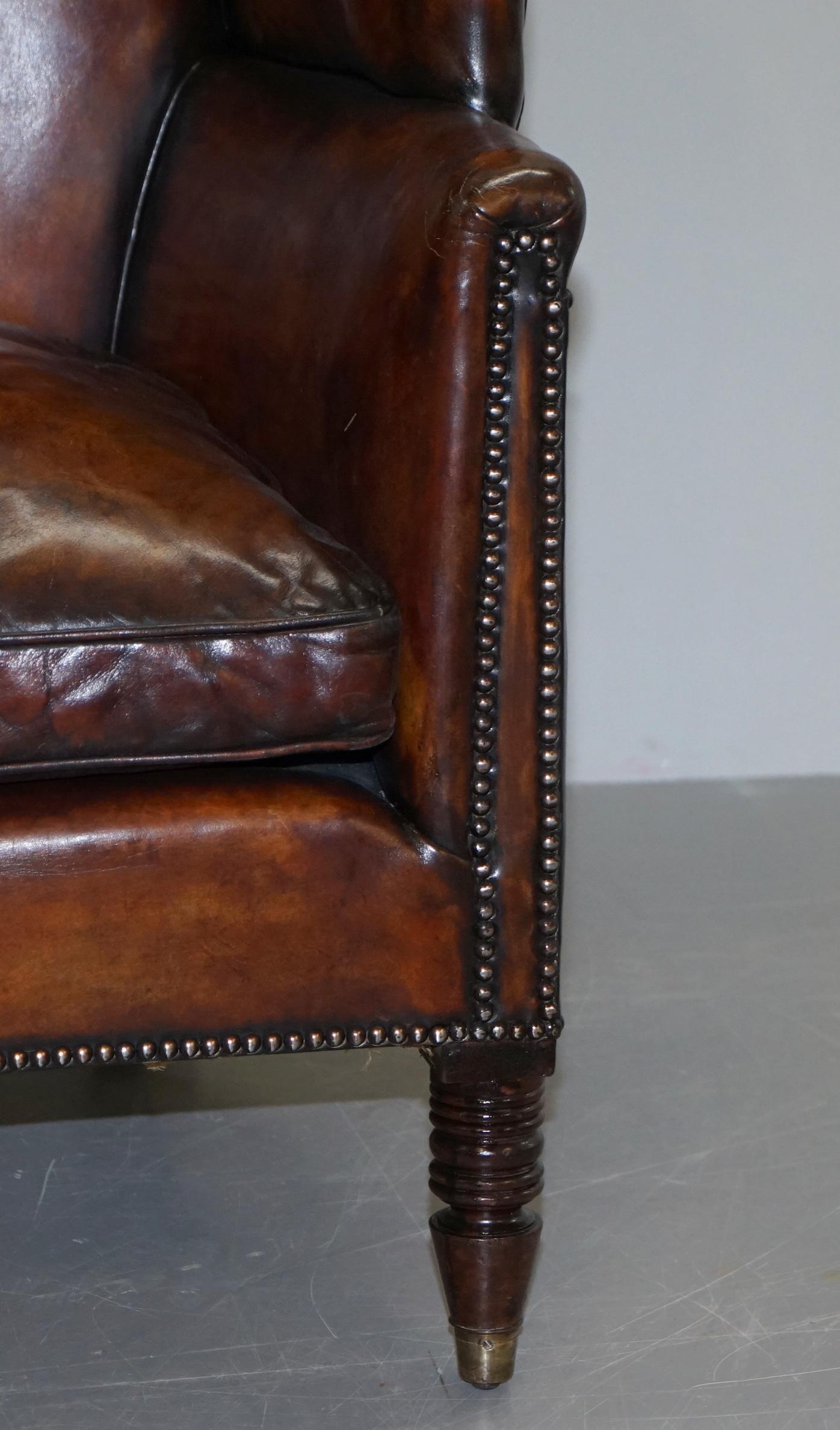 Sublime Restored Chestnut Brown Leather Regency 1810 Porters Wingback Armchair 6