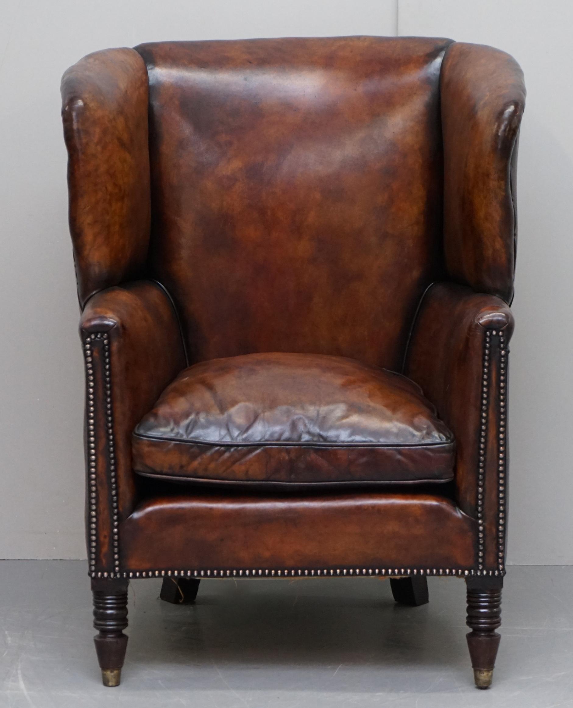 We are delighted to offer for sale this stunning fully restored chestnut brown hand dyed leather Regency circa 1810 Porters wingback armchair

A very good looking and nicely refurbished piece. This is an original Regency circa 1810 armchair, the