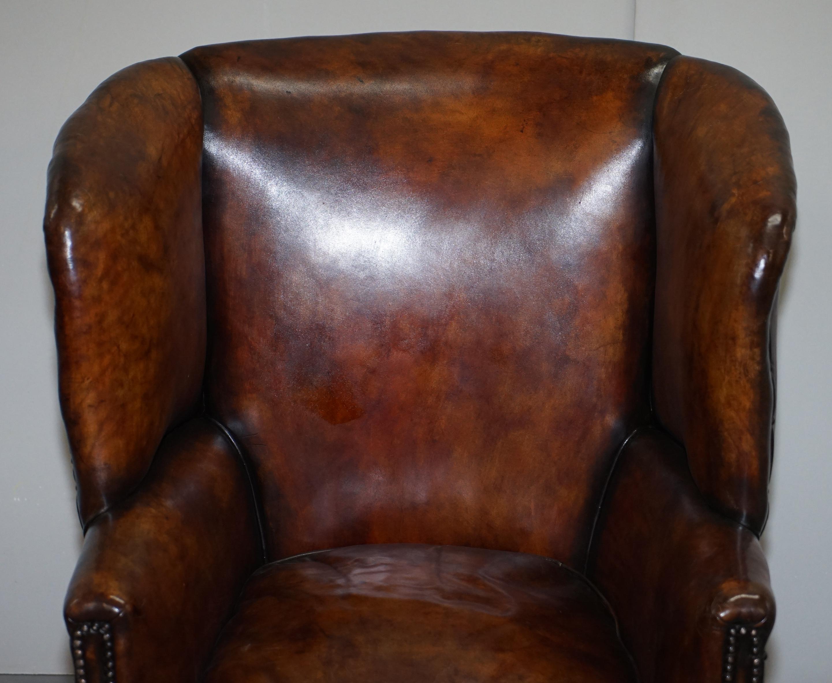 English Sublime Restored Chestnut Brown Leather Regency 1810 Porters Wingback Armchair