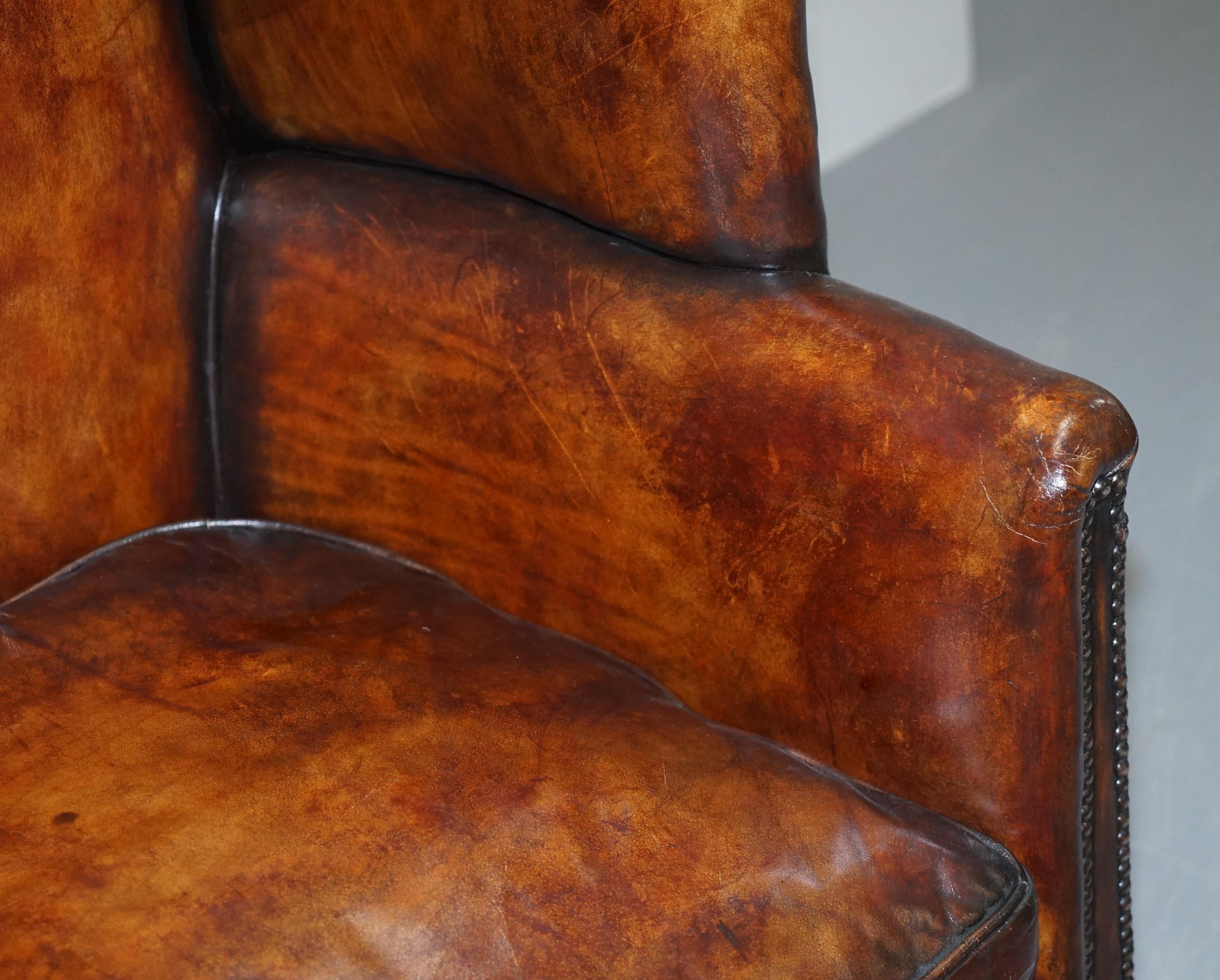 Sublime Restored Chestnut Brown Leather Regency 1810 Porters Wingback Armchair 1