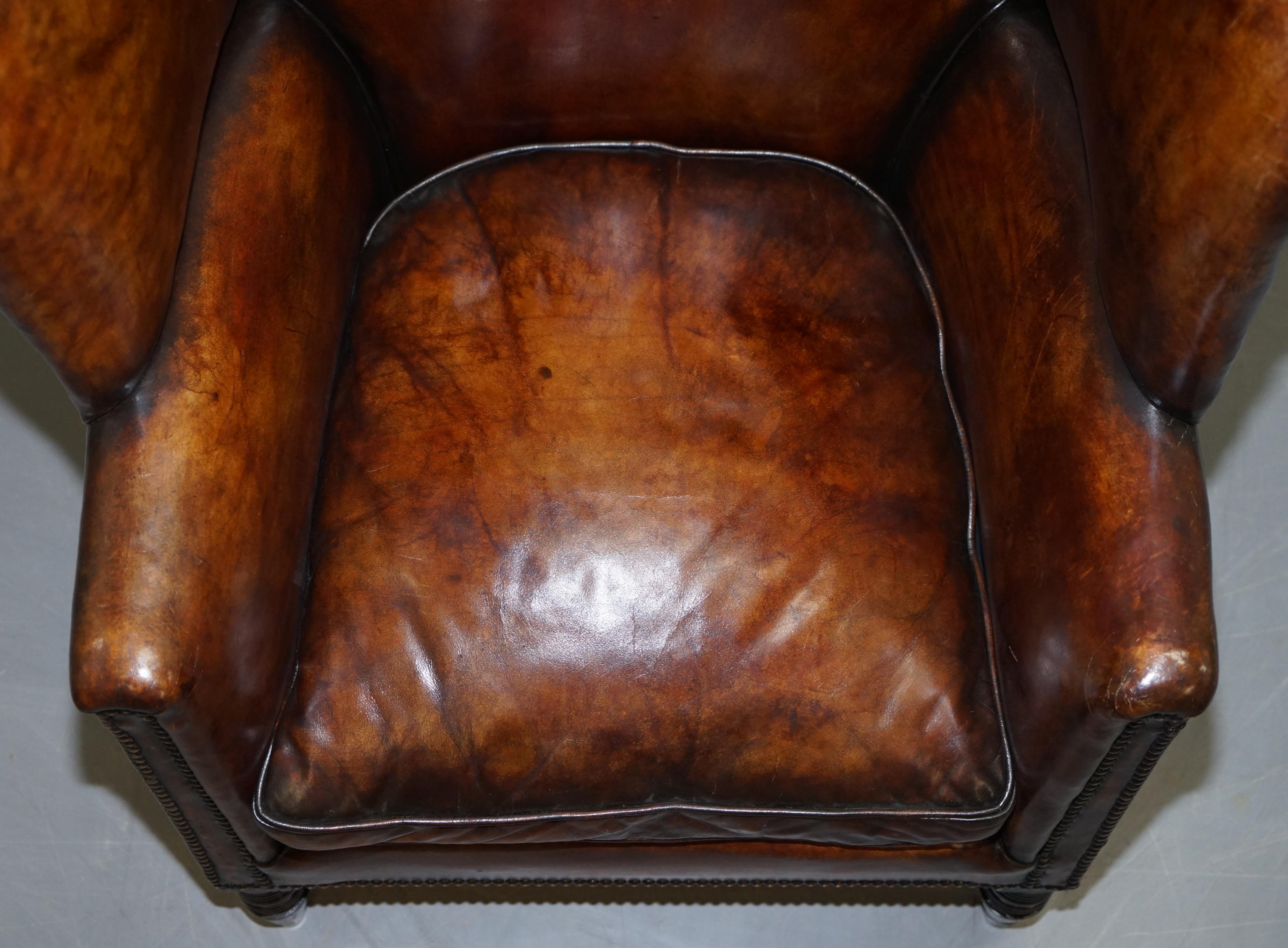 Sublime Restored Chestnut Brown Leather Regency 1810 Porters Wingback Armchair 1