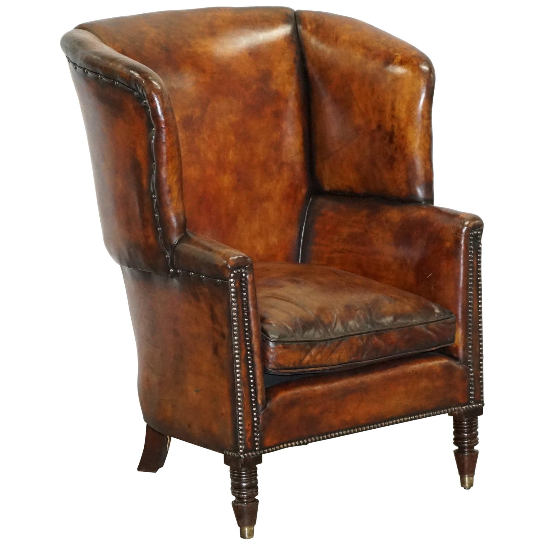 Sublime Restored Chestnut Brown Leather Regency 1810 Porters Wingback Armchair