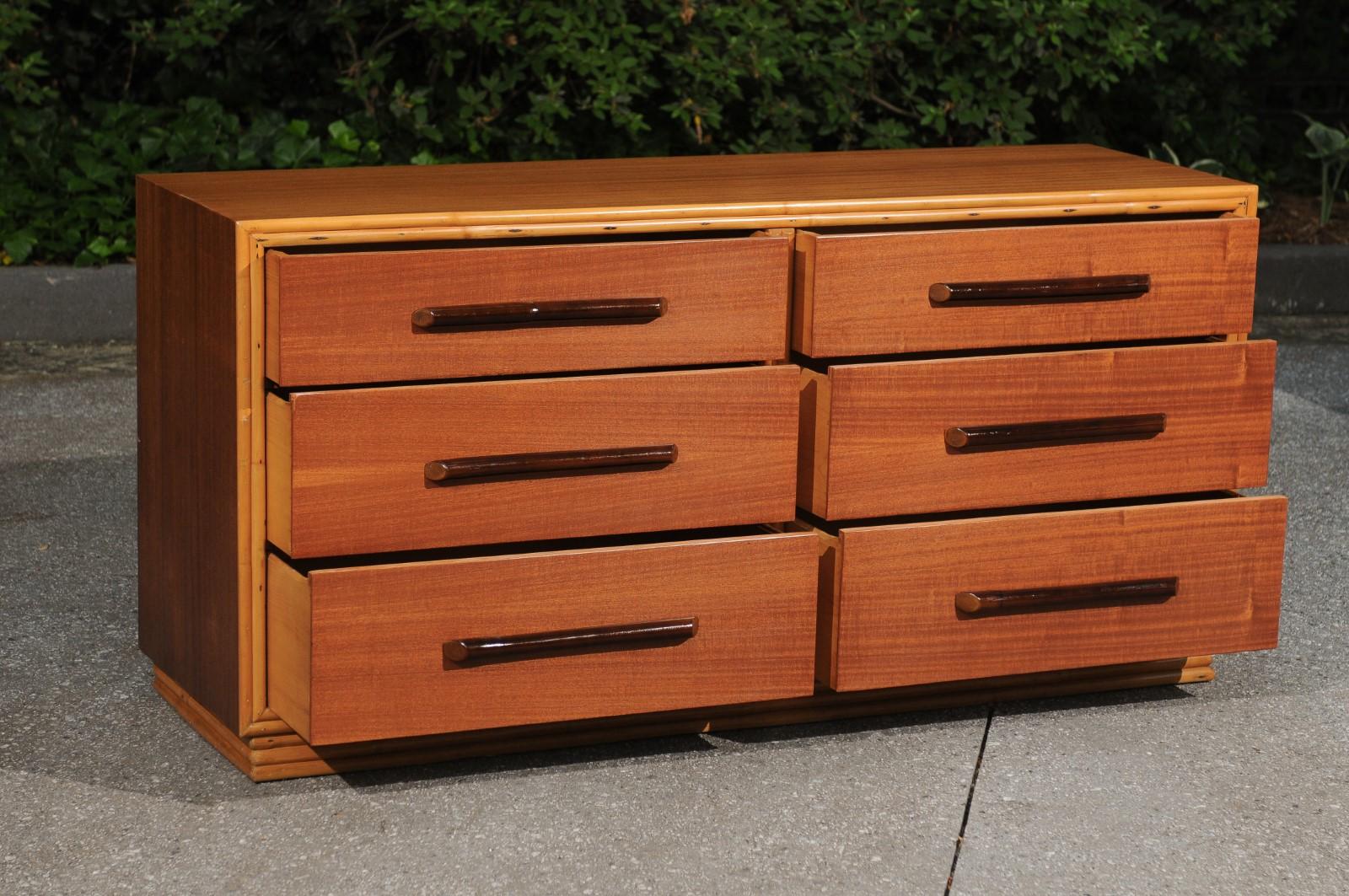 Sublime Restored Ribbon Mahogany and Rattan Chest by Ritts, circa 1950 For Sale 3