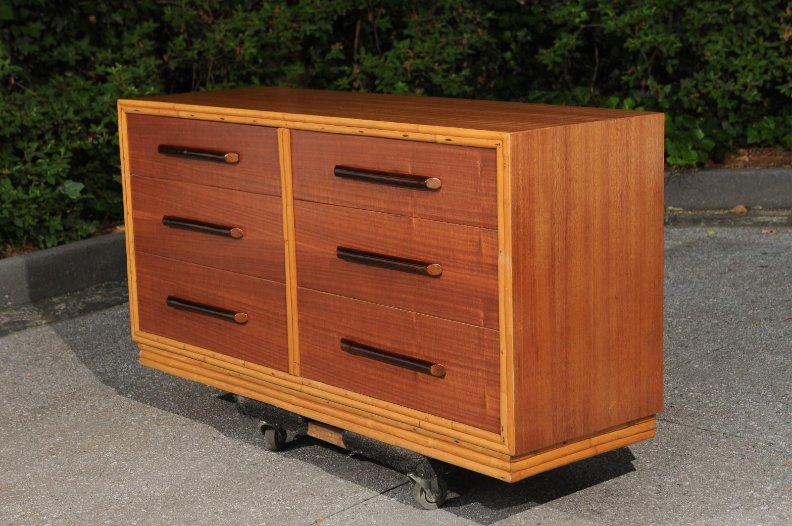 Sublime Restored Ribbon Mahogany and Rattan Chest by Ritts, circa 1950 For Sale 12