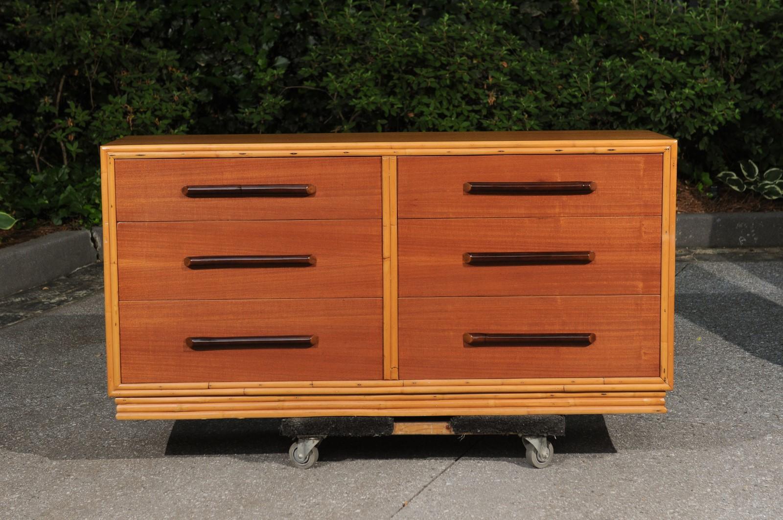 Organic Modern Sublime Restored Ribbon Mahogany and Rattan Chest by Ritts, circa 1950 For Sale