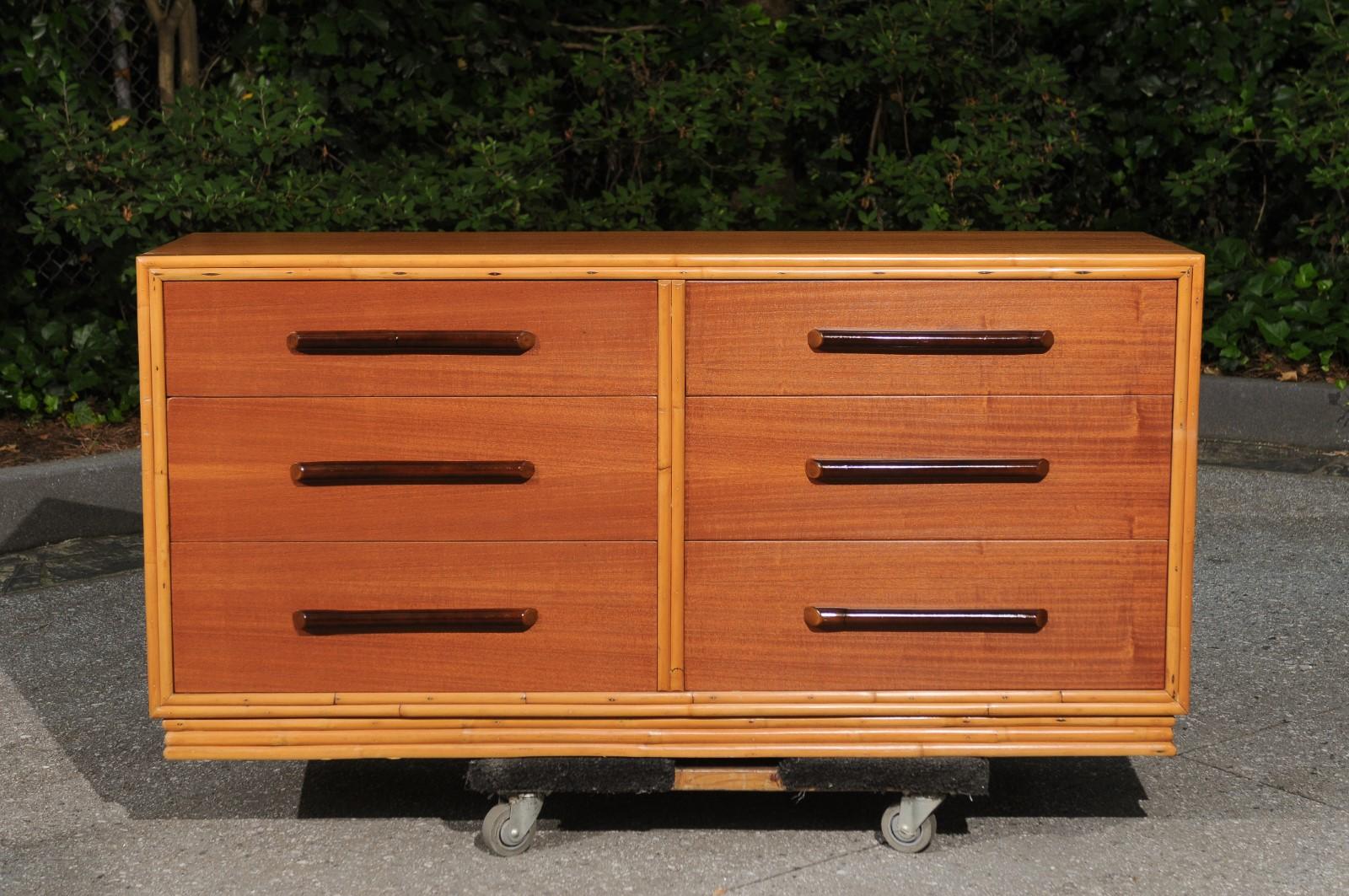 North American Sublime Restored Ribbon Mahogany and Rattan Chest by Ritts, circa 1950 For Sale