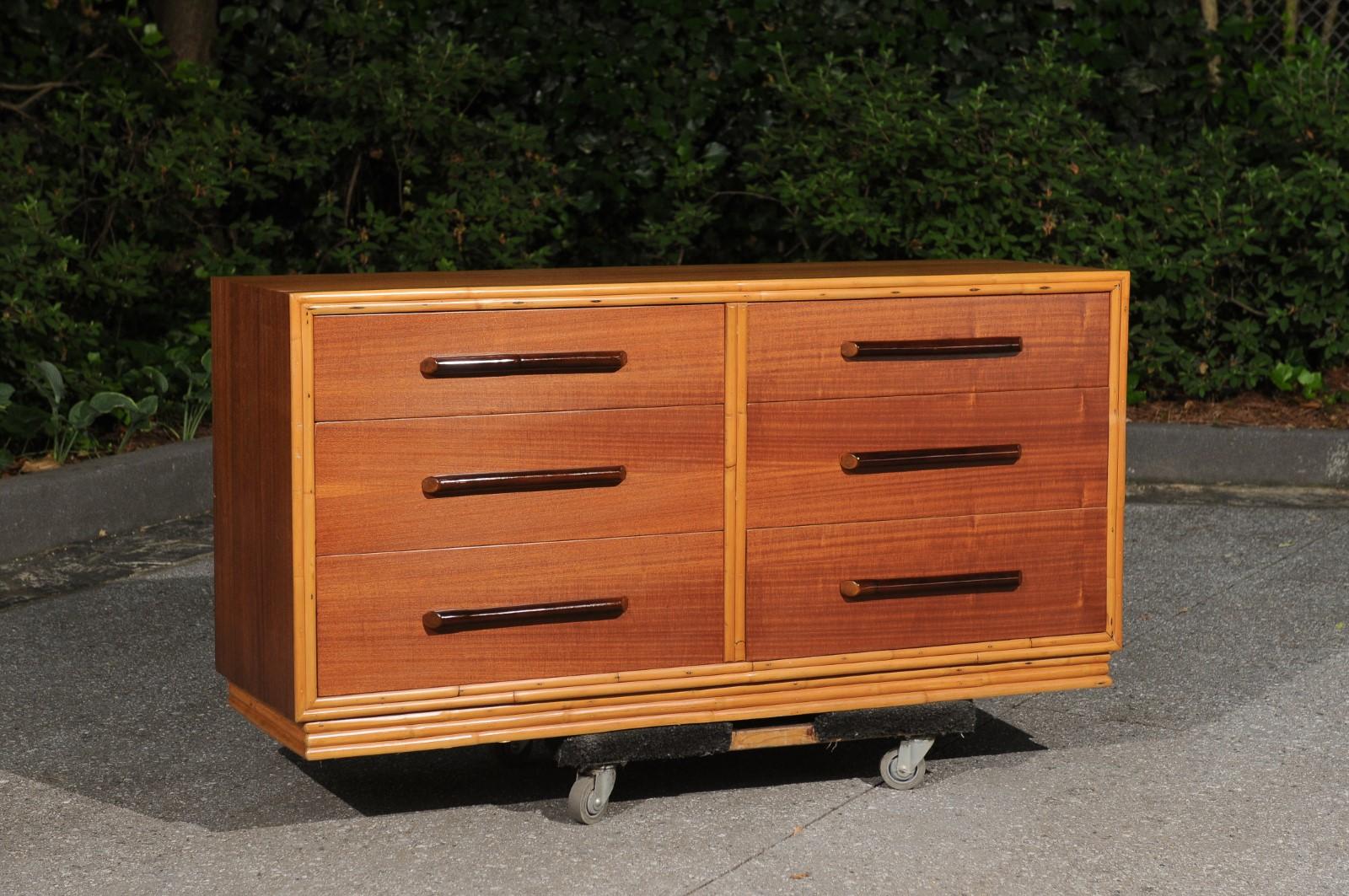 Sublime Restored Ribbon Mahogany and Rattan Chest by Ritts, circa 1950 In Excellent Condition For Sale In Atlanta, GA