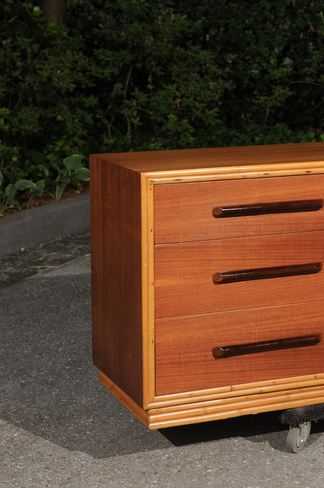 Mid-20th Century Sublime Restored Ribbon Mahogany and Rattan Chest by Ritts, circa 1950 For Sale
