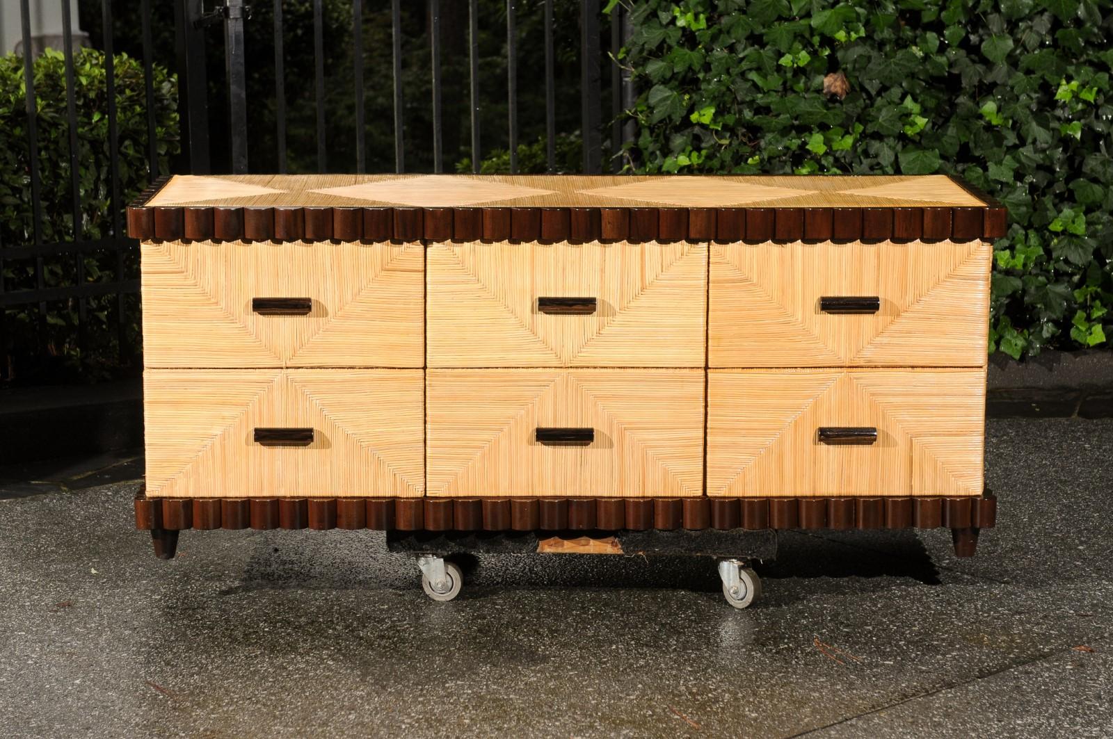 Rattan Sublime Scallop Mahogany and Rush Wicker Commode in the Style of Donghia For Sale