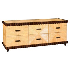 Sublime Scallop Mahogany and Rush Wicker Commode in the Style of Donghia