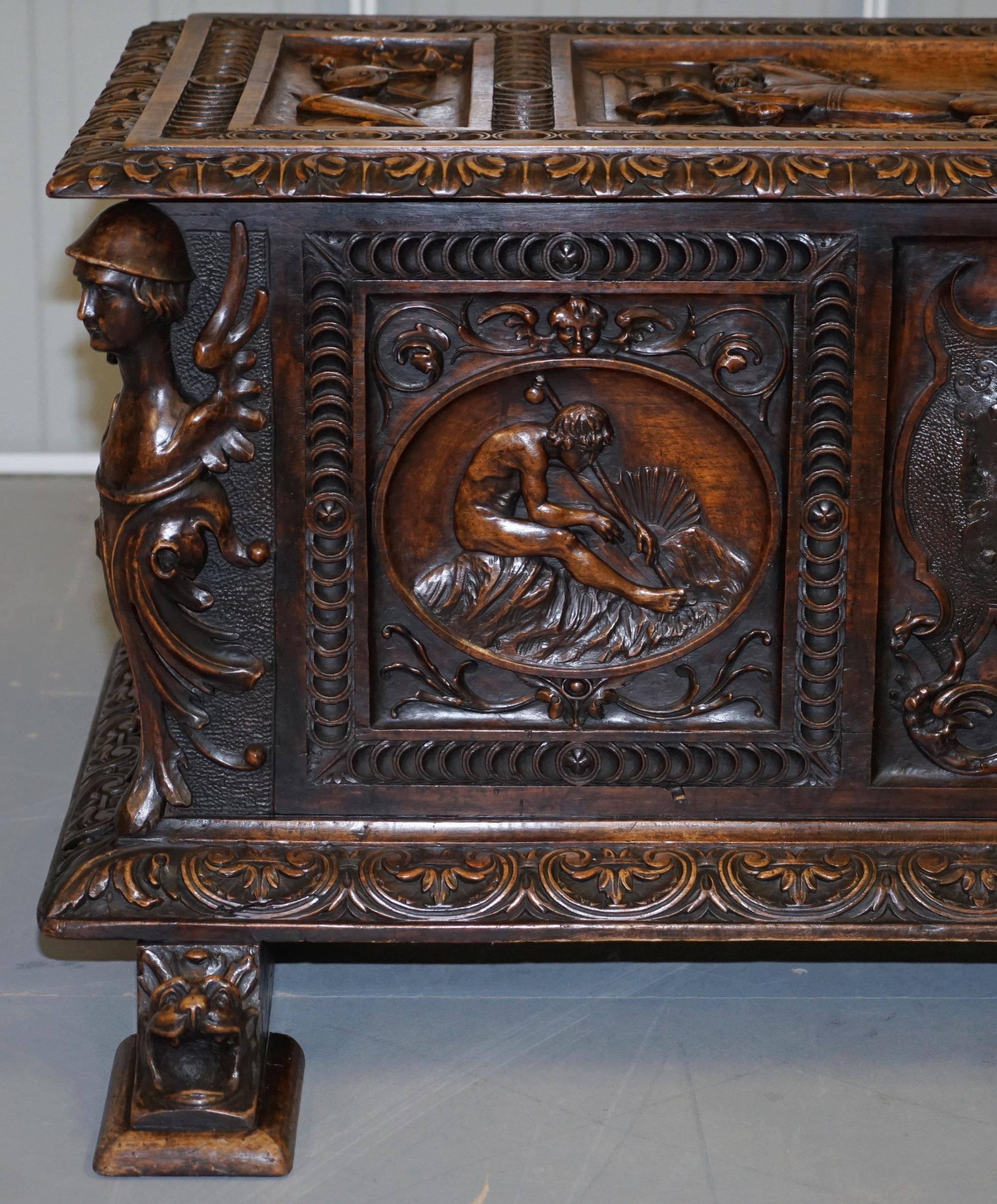 Sublime Roman Chariot Ornately Hand Carved Antique Walnut Trunk Chest or Coffer 1