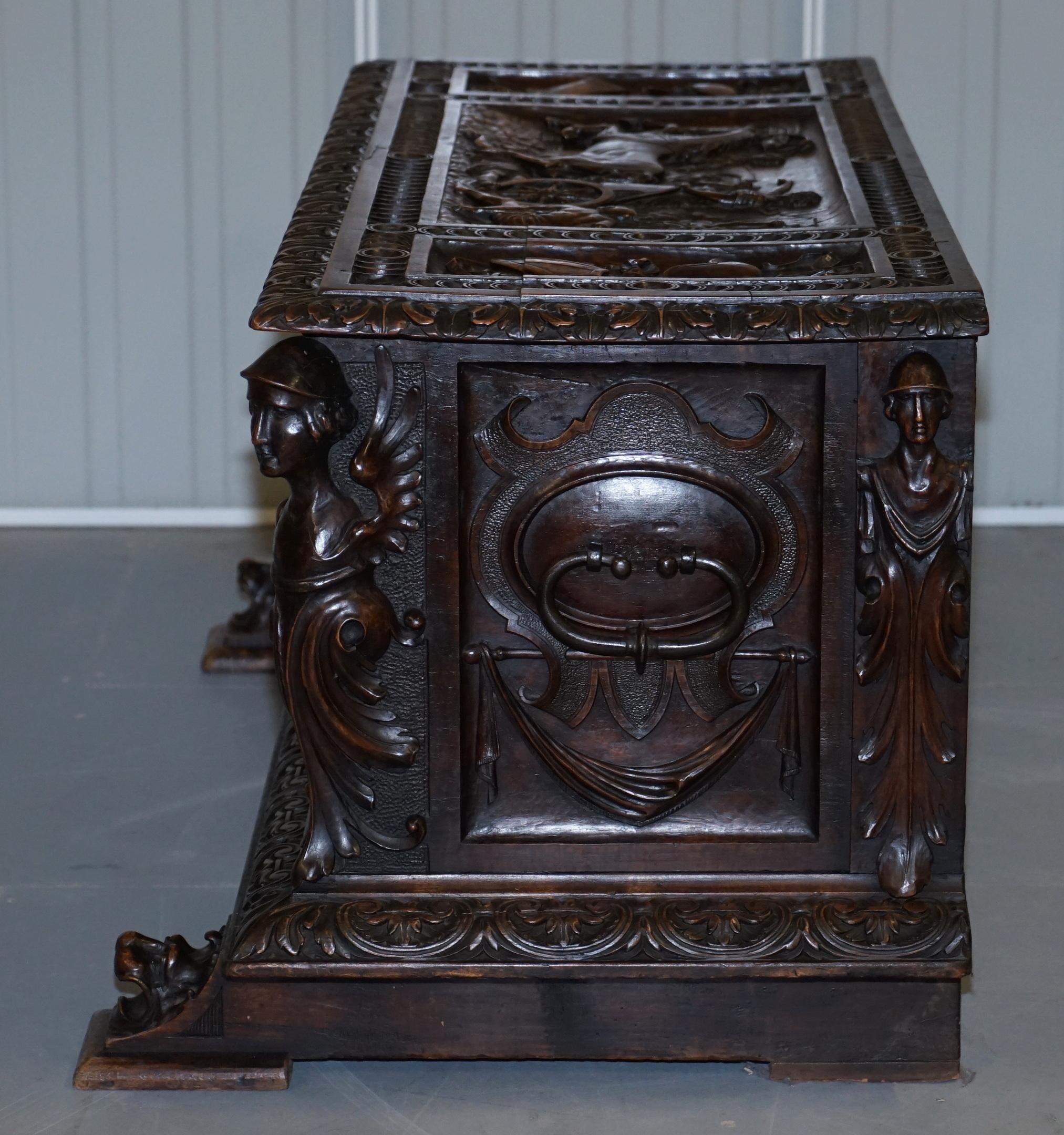 Sublime Roman Chariot Ornately Hand Carved Antique Walnut Trunk Chest or Coffer 9