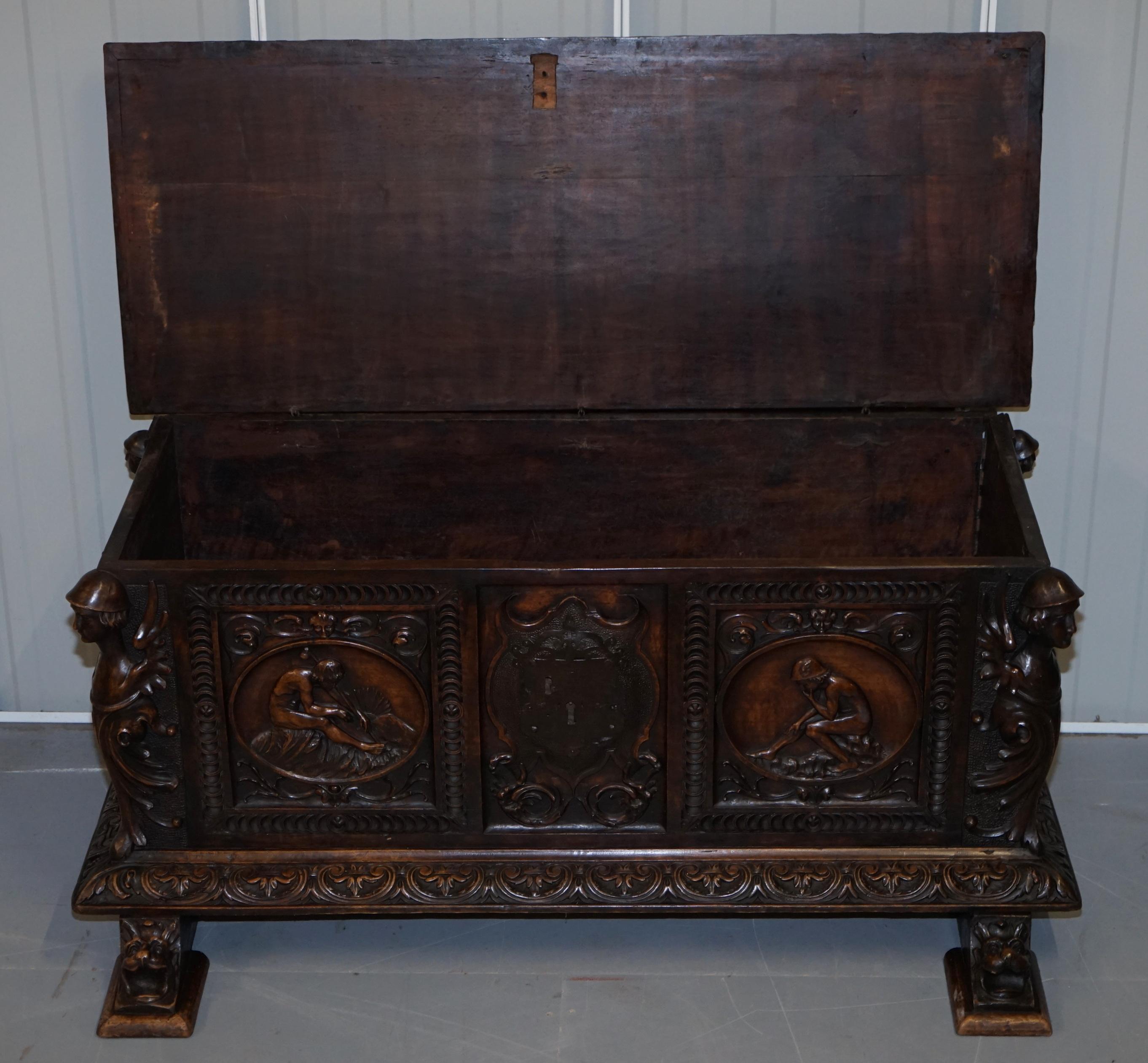 Sublime Roman Chariot Ornately Hand Carved Antique Walnut Trunk Chest or Coffer 10