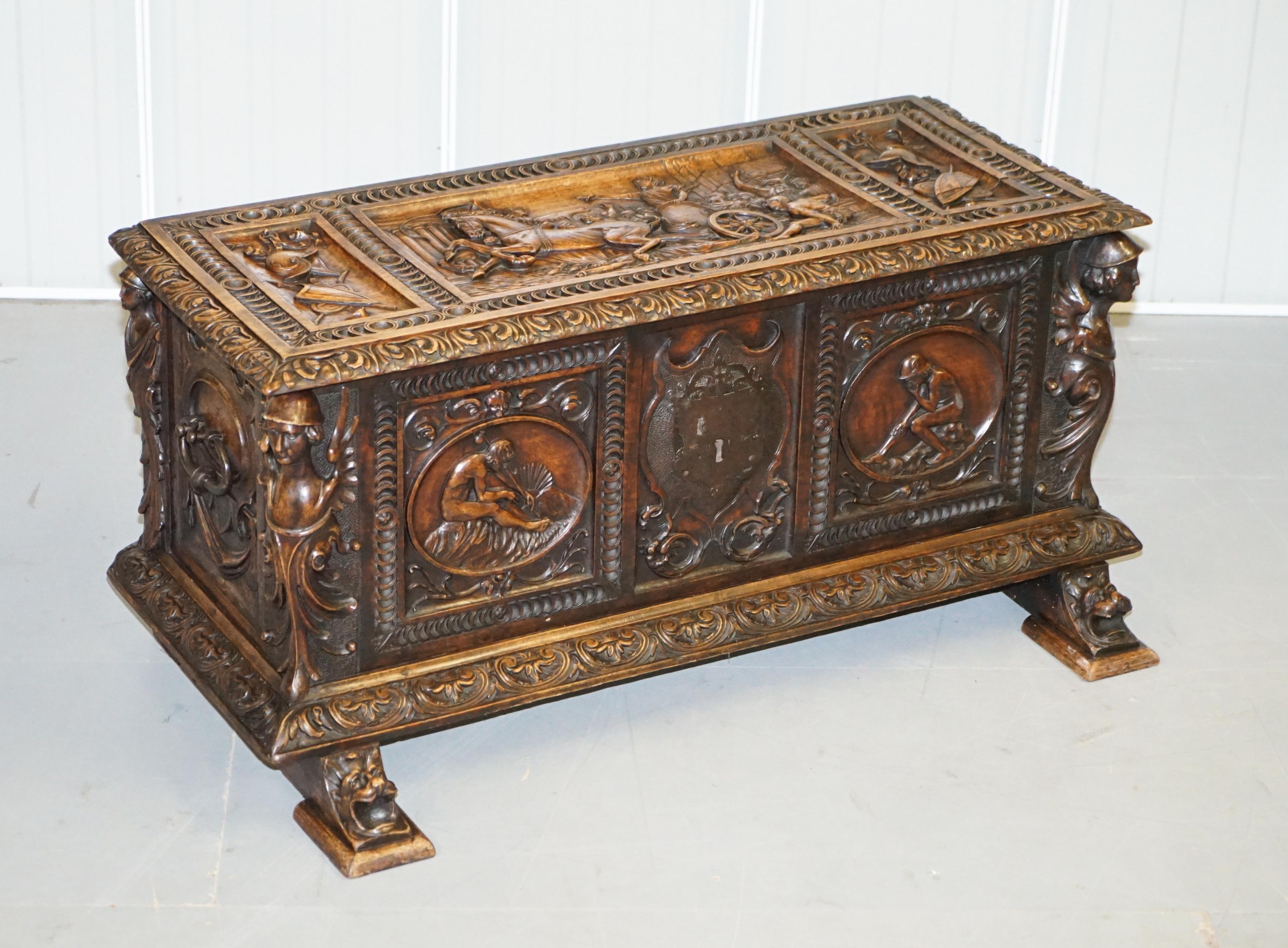 We are delighted to offer for sale this absolutely exquisite Antique hand carved solid walnut trunk or coffer with Roman scenes 

This is pure Italian art furniture from every angle, the detail is never ending and it looks exquisite from top to