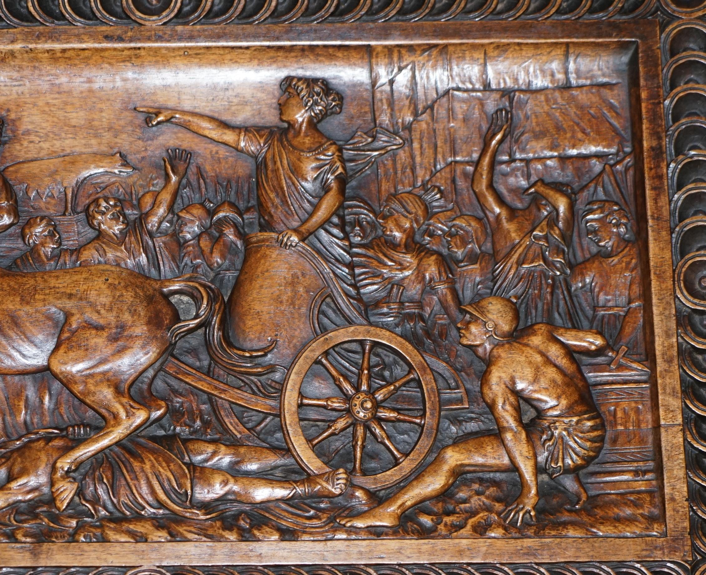 English Sublime Roman Chariot Ornately Hand Carved Antique Walnut Trunk Chest or Coffer
