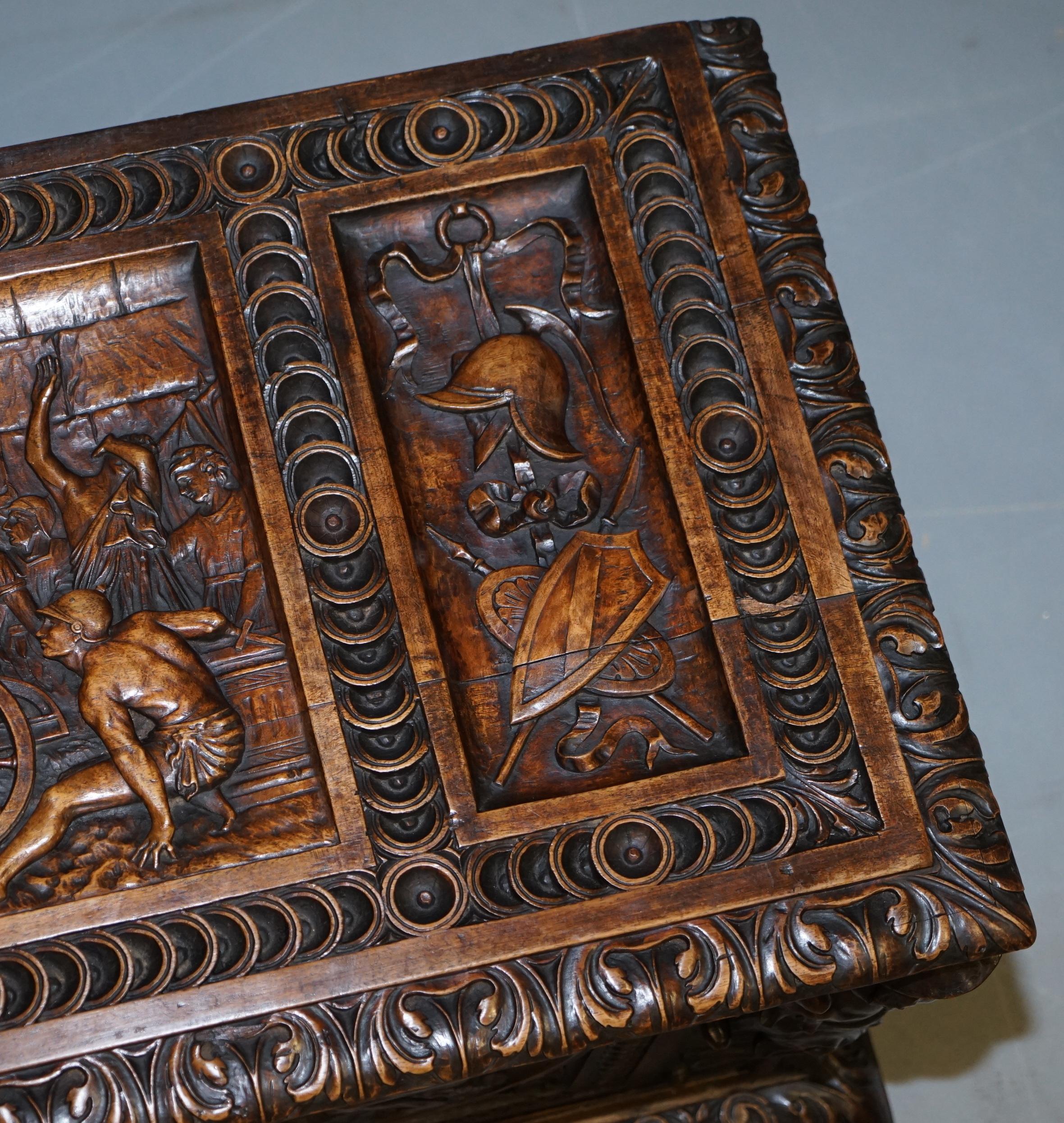 Hand-Carved Sublime Roman Chariot Ornately Hand Carved Antique Walnut Trunk Chest or Coffer