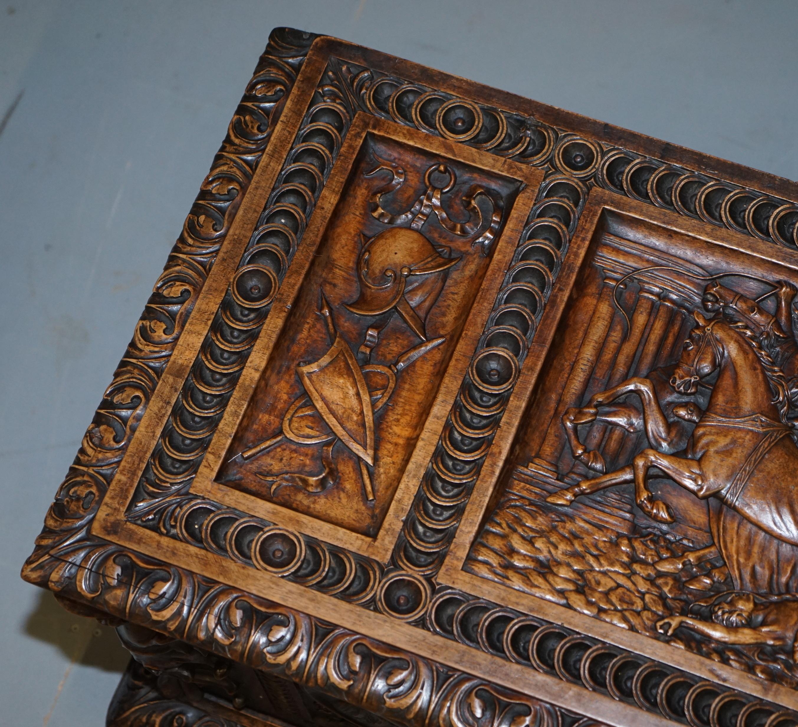 19th Century Sublime Roman Chariot Ornately Hand Carved Antique Walnut Trunk Chest or Coffer