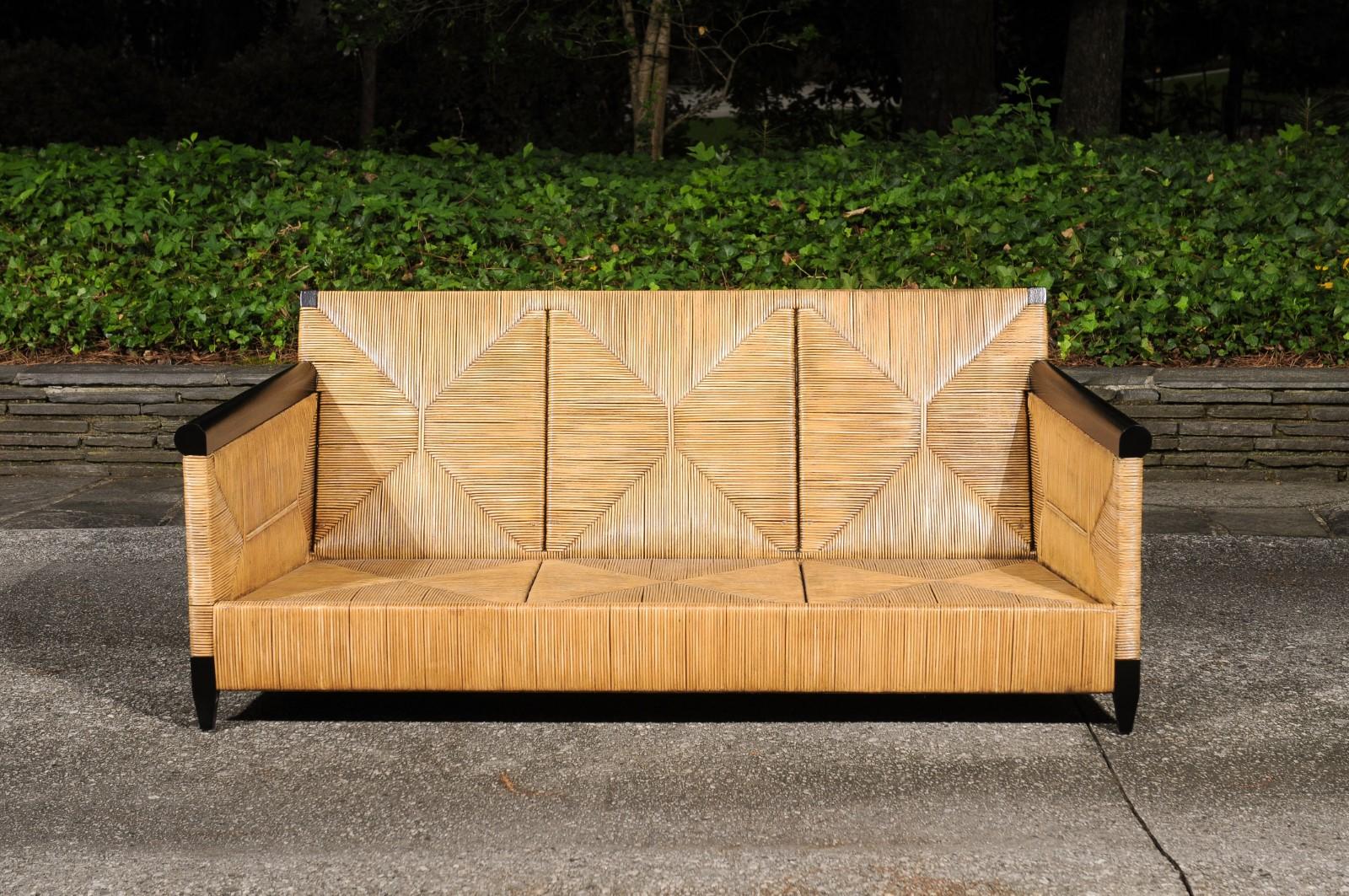 Hand-Crafted Sublime Rush Cane and Mahogany Sofa by John Hutton for Donghia- Pair Available For Sale