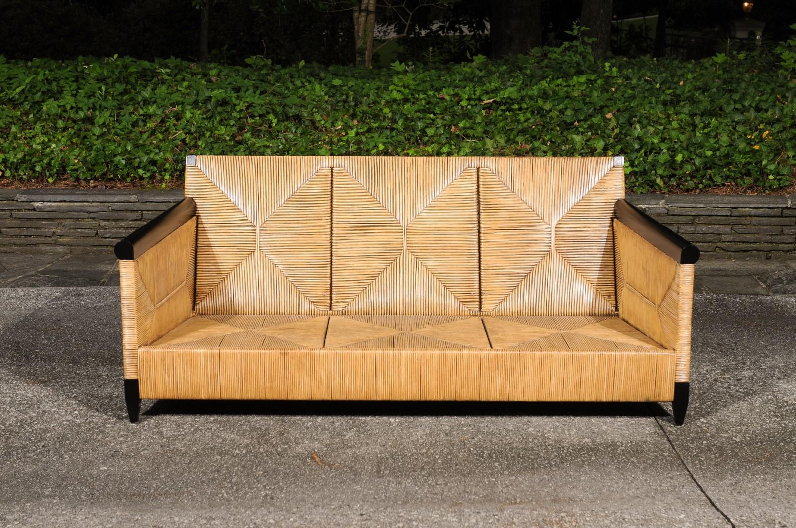 Sublime Rush Cane and Mahogany Sofa by John Hutton for Donghia- Pair Available In Excellent Condition For Sale In Atlanta, GA