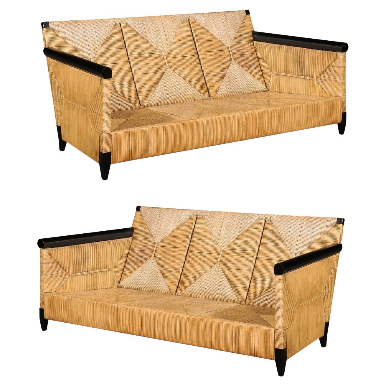 Sublime Rush Cane and Mahogany Sofa by John Hutton for Donghia- Pair Available For Sale