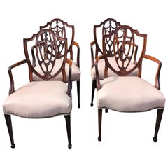 Sublime Set of 4 Antique Mahogany Shield Back Dining Chairs with Leather Seats