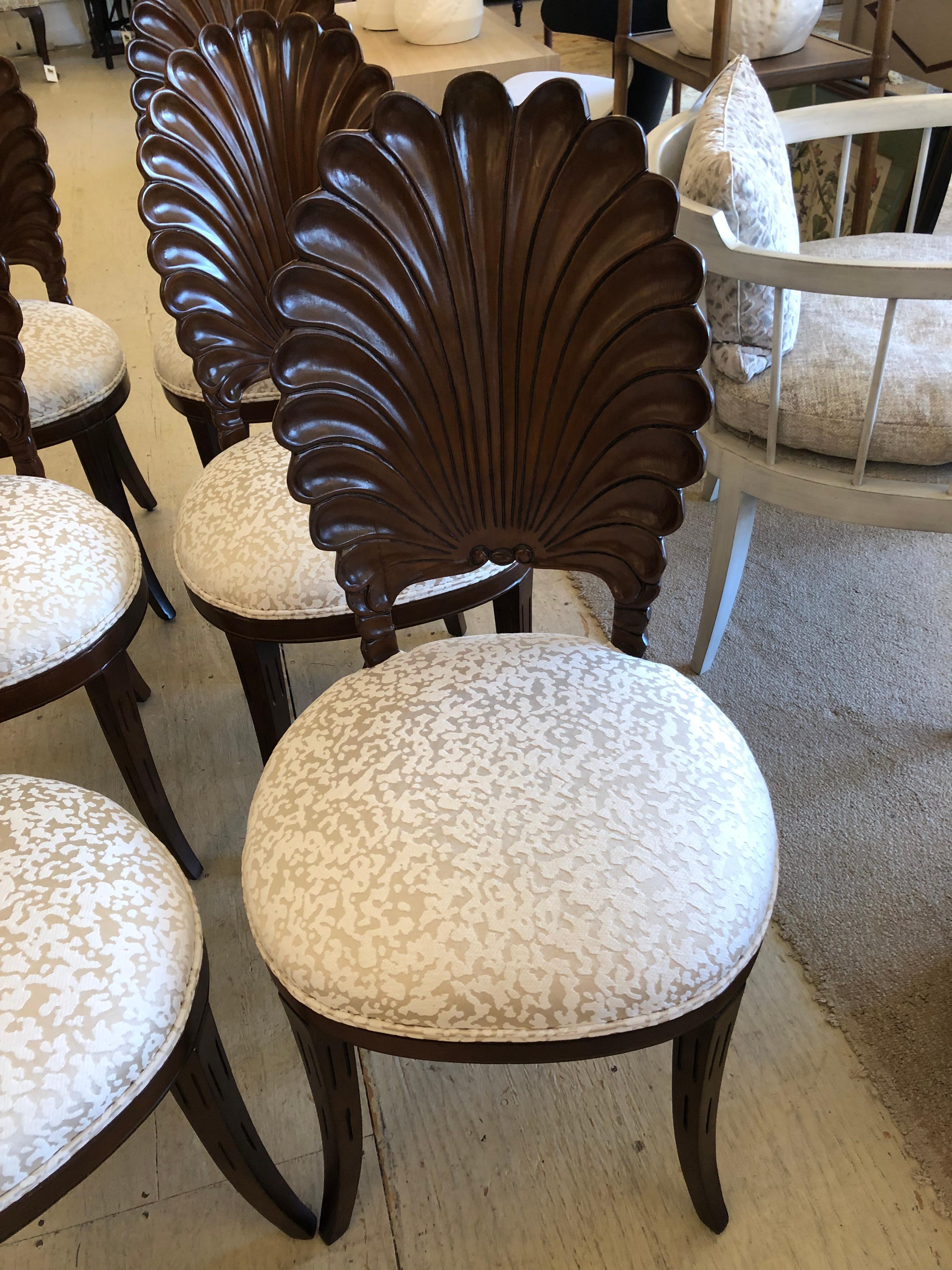 Hollywood Regency Sublime Set of 6 Vintage Italian Walnut Grotto Shell Back Dining Chairs
