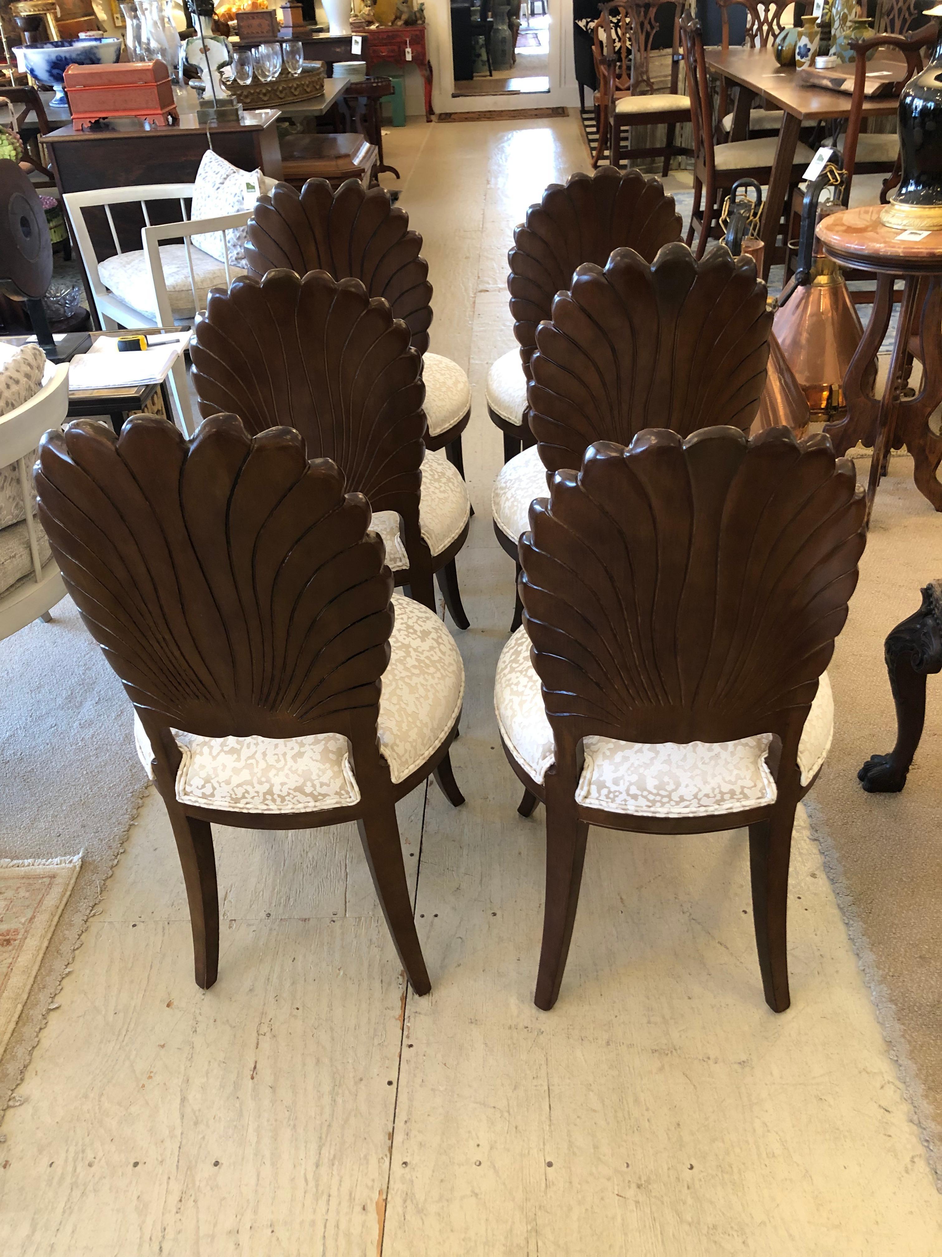 Upholstery Sublime Set of 6 Vintage Italian Walnut Grotto Shell Back Dining Chairs
