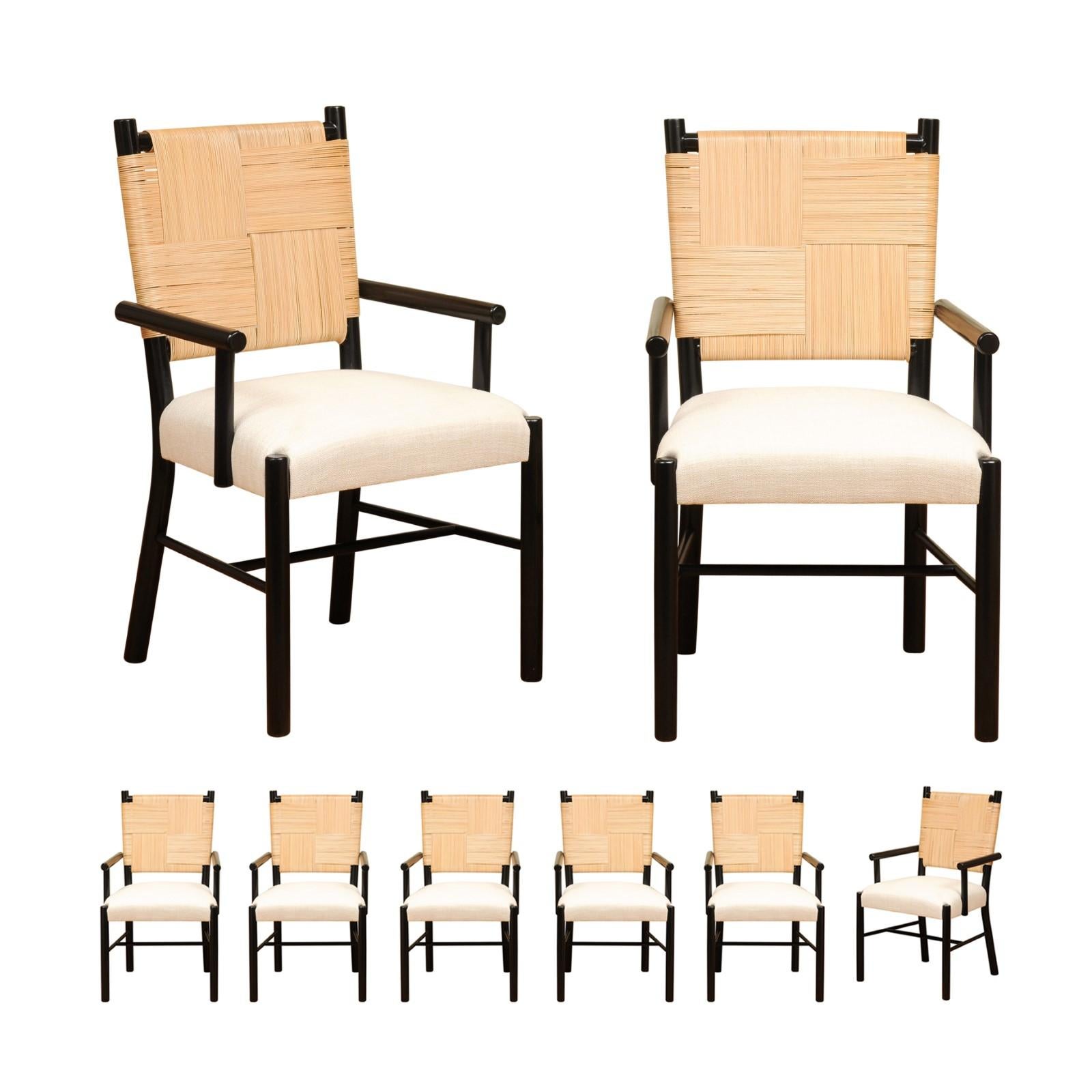 This magnificent large ALL ARMS set of chairs is Unique on the World market. The set is shipped as professionally photographed and described in the listing narrative: Meticulously professionally restored, newly custom upholstered and completely