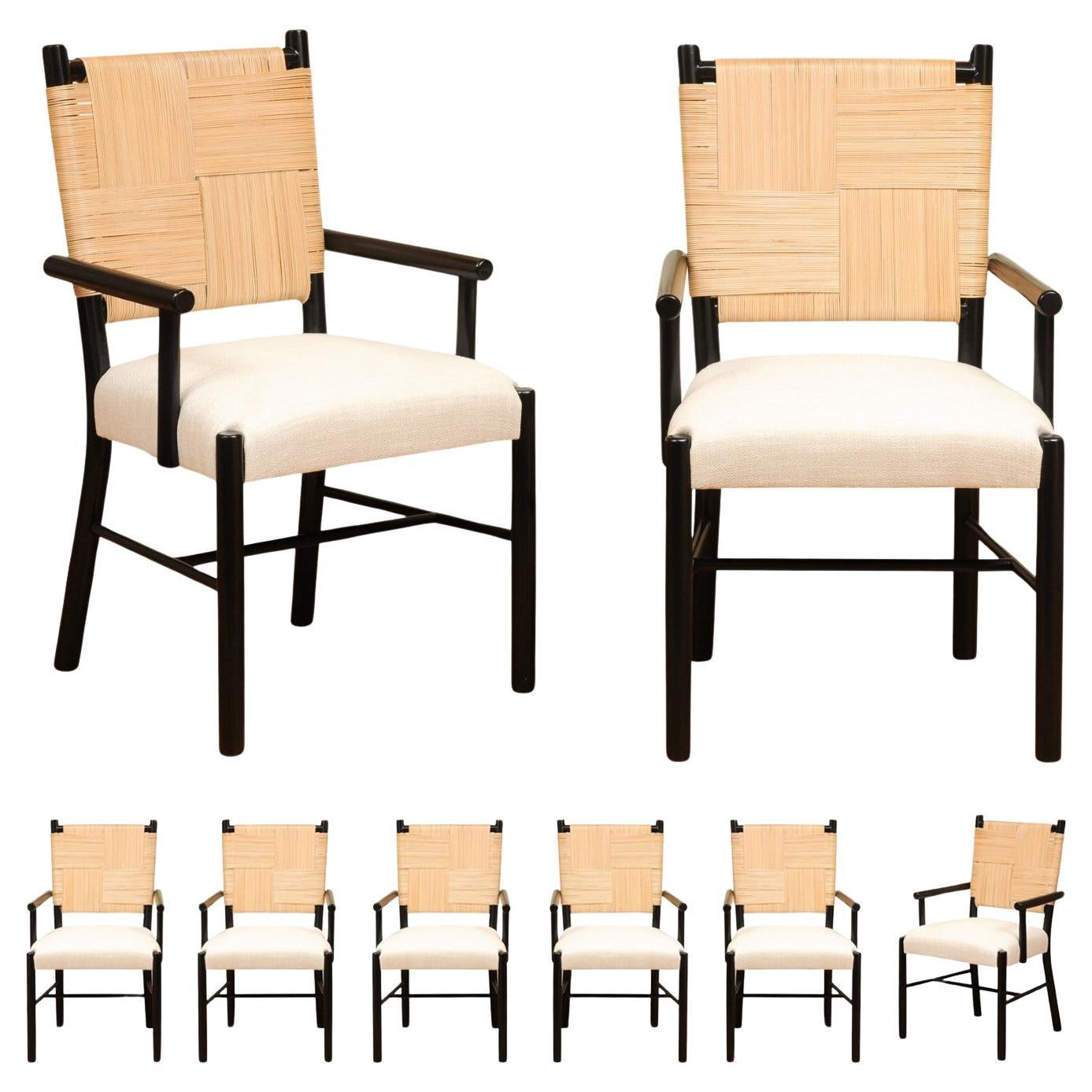 Sublime ensemble de 8 chaises de salle à manger à dossier en rotin par John Hutton pour Donghia