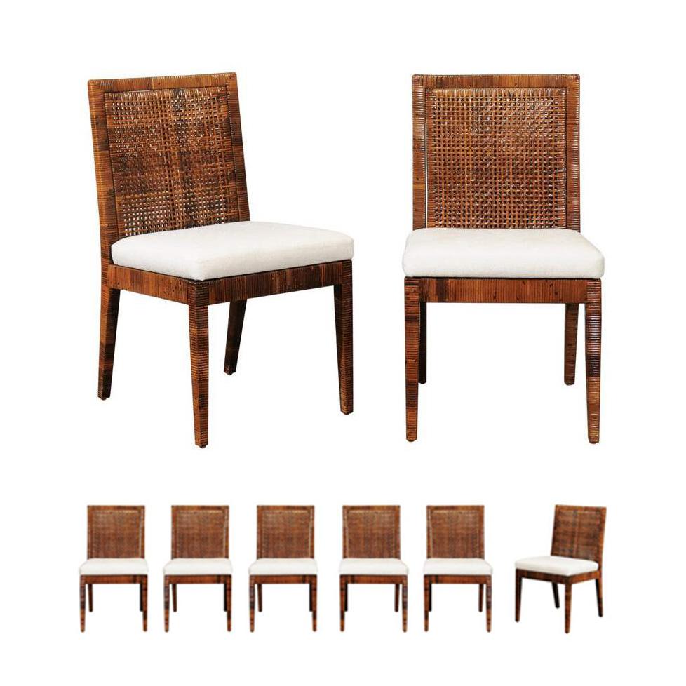 Sublime ensemble de 8 chaises de salle à manger en rotin caramel de Baldwin pour Bielecky Brothers en vente 8