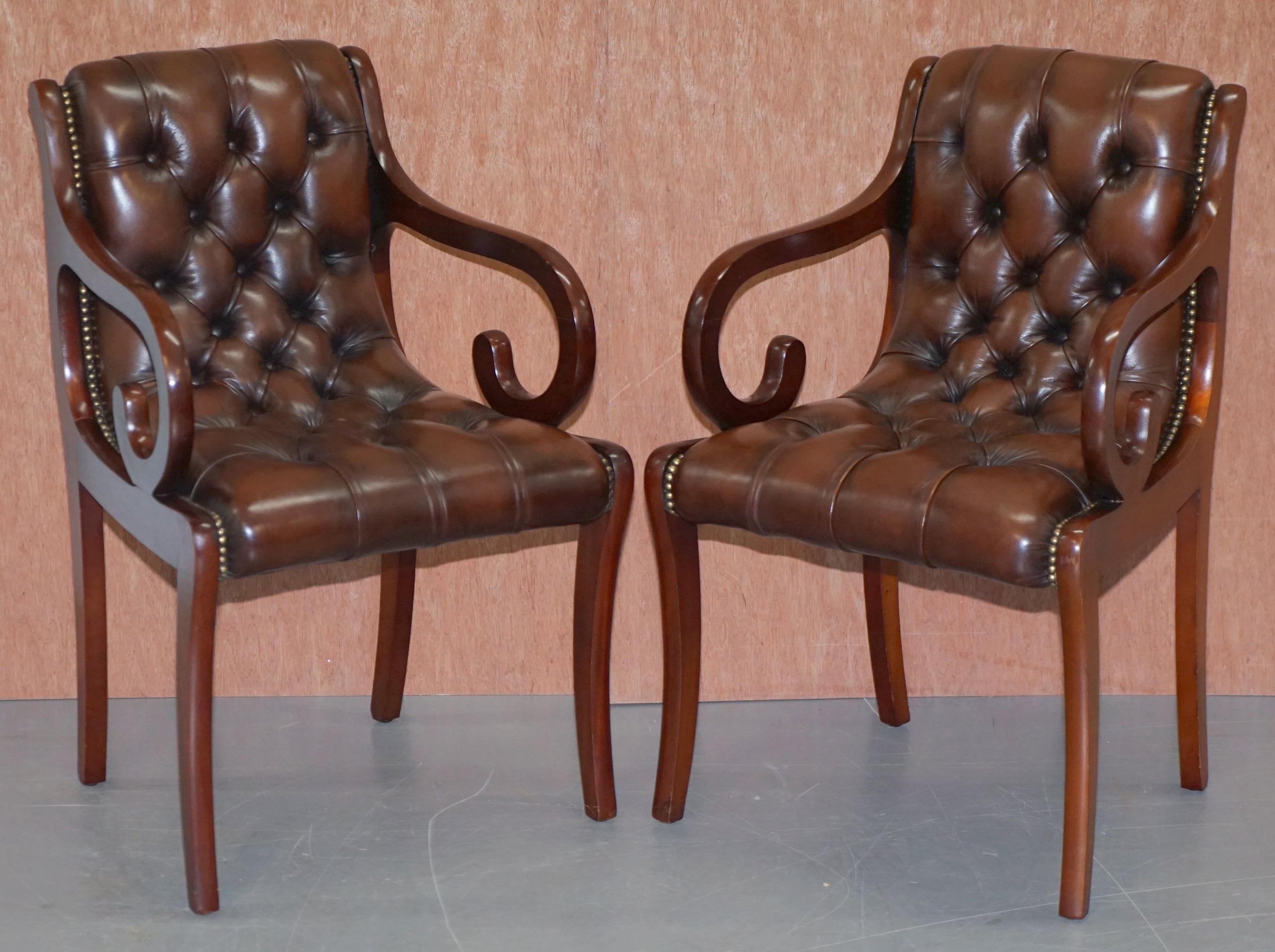 Sublime Set of Eight Vintage Chesterfield Mahogany Brown Leather Dining Chairs 8 3