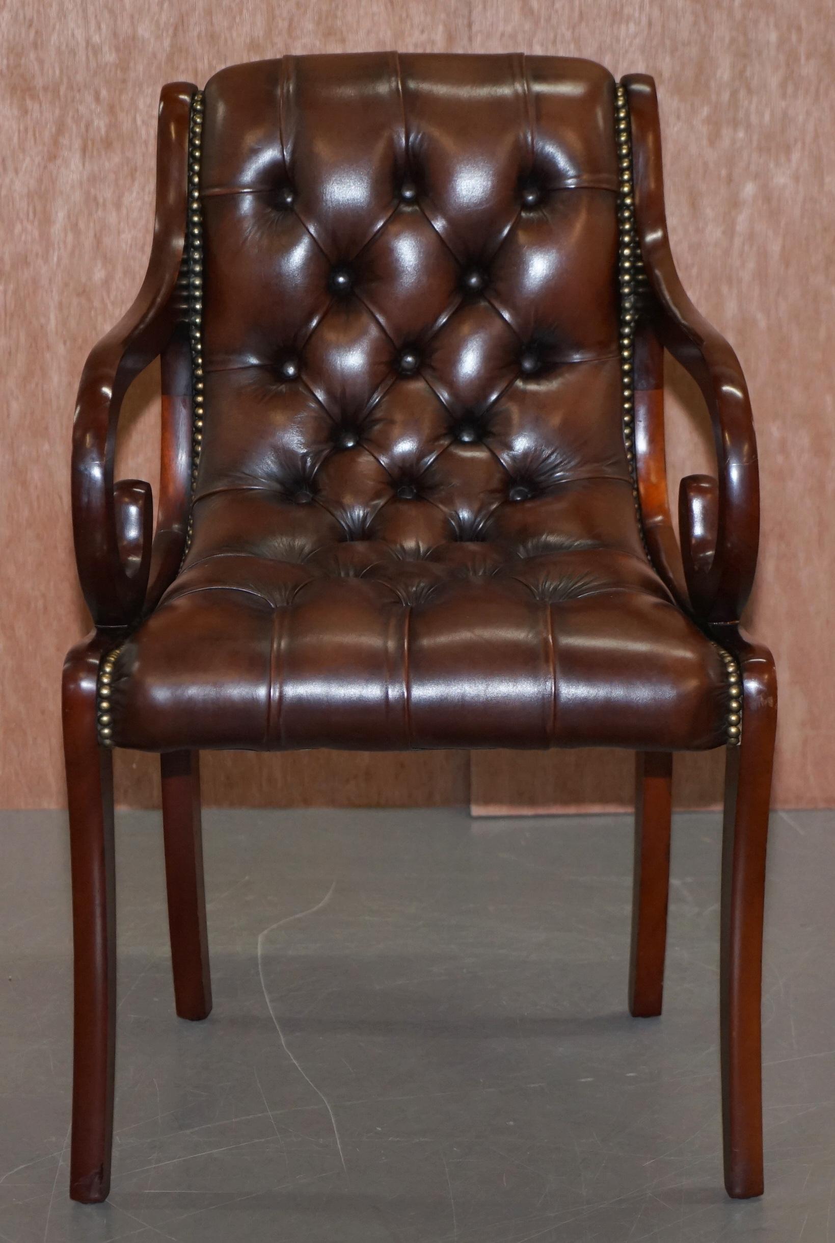 Sublime Set of Eight Vintage Chesterfield Mahogany Brown Leather Dining Chairs 8 5
