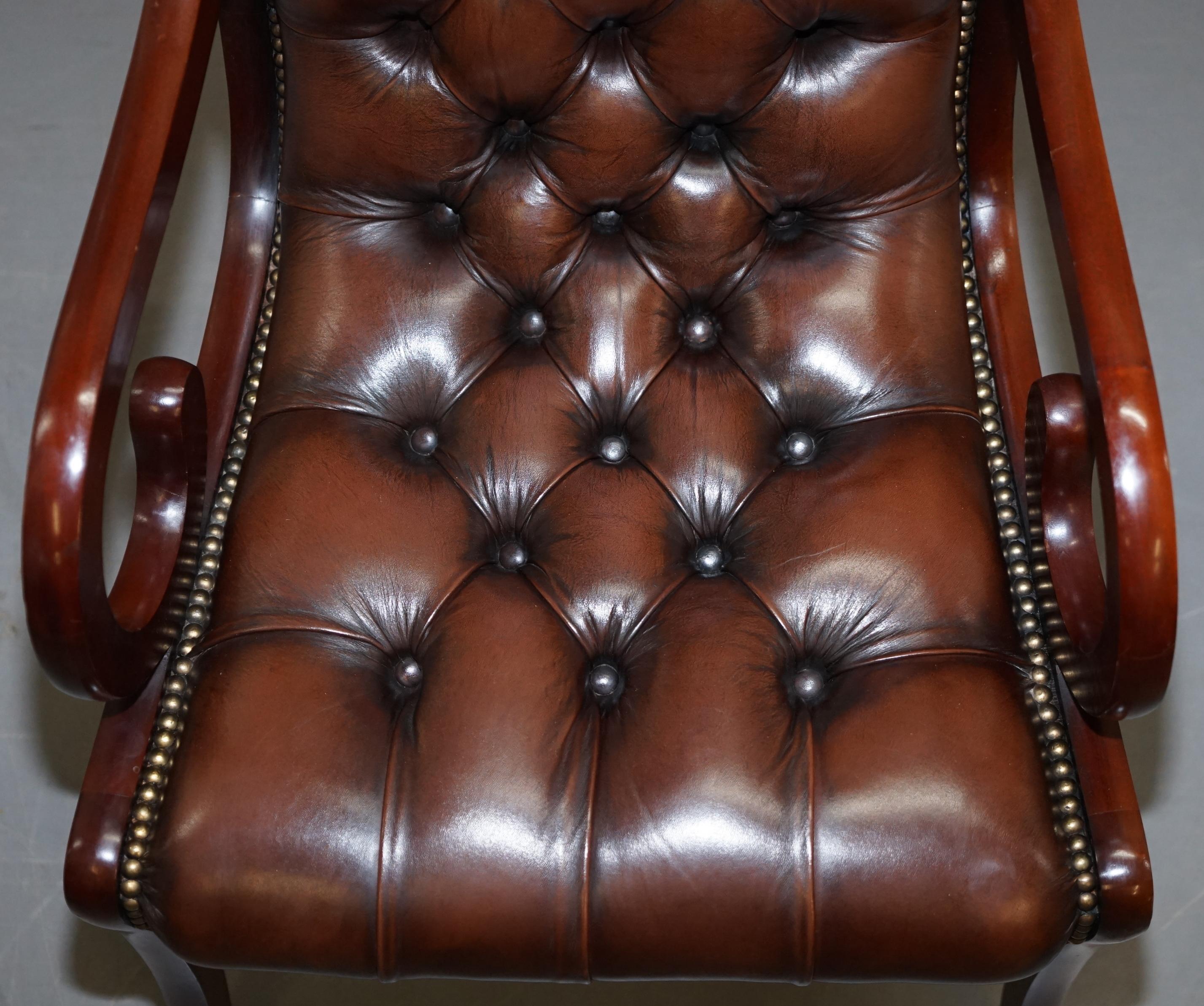 Sublime Set of Eight Vintage Chesterfield Mahogany Brown Leather Dining Chairs 8 7