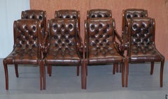Sublime Set of Eight Vintage Chesterfield Mahogany Brown Leather Dining Chairs 8