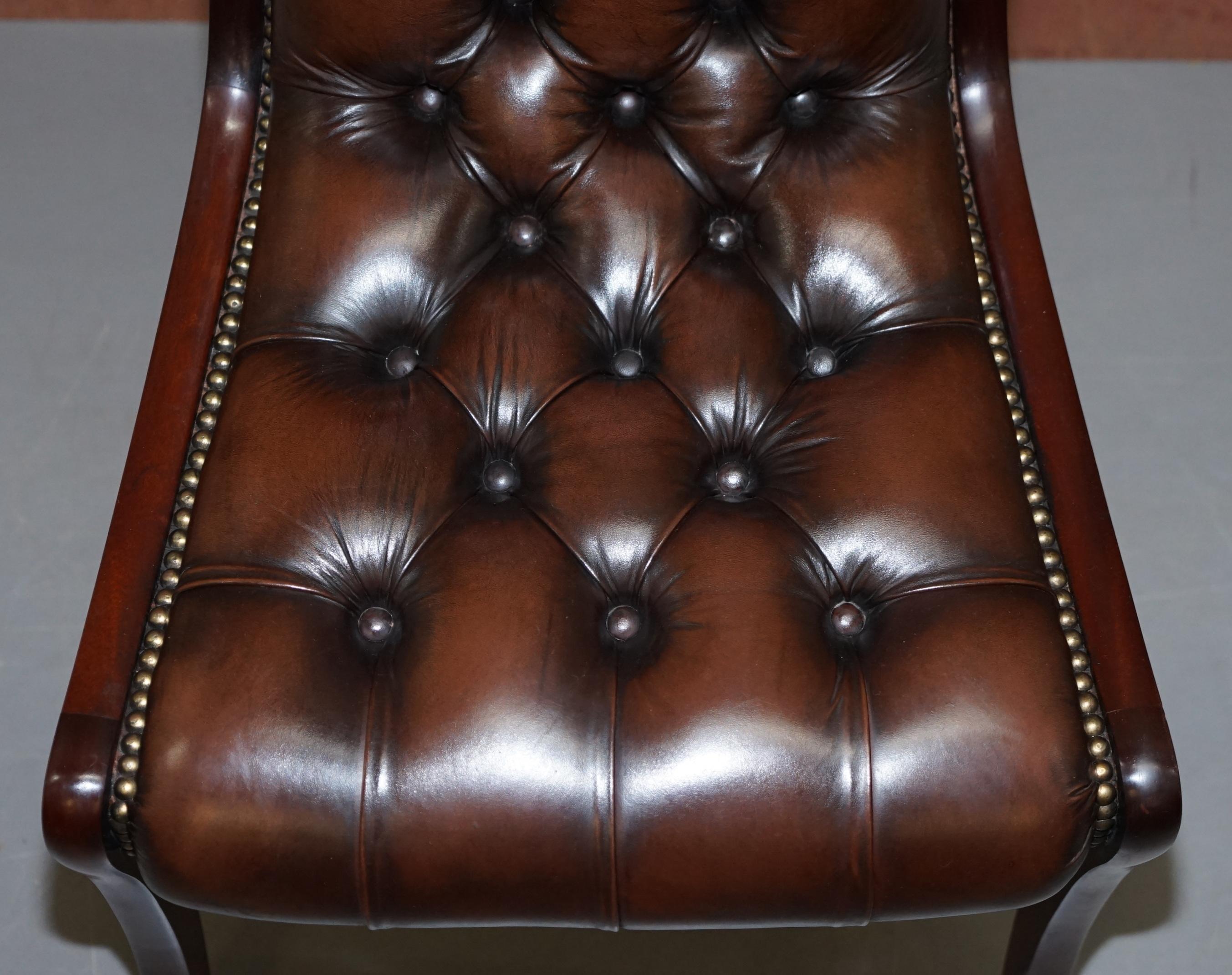 English Sublime Set of Eight Vintage Chesterfield Mahogany Brown Leather Dining Chairs 8