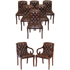Sublime Set of Eight Vintage Chesterfield Mahogany Brown Leather Dining Chairs 8