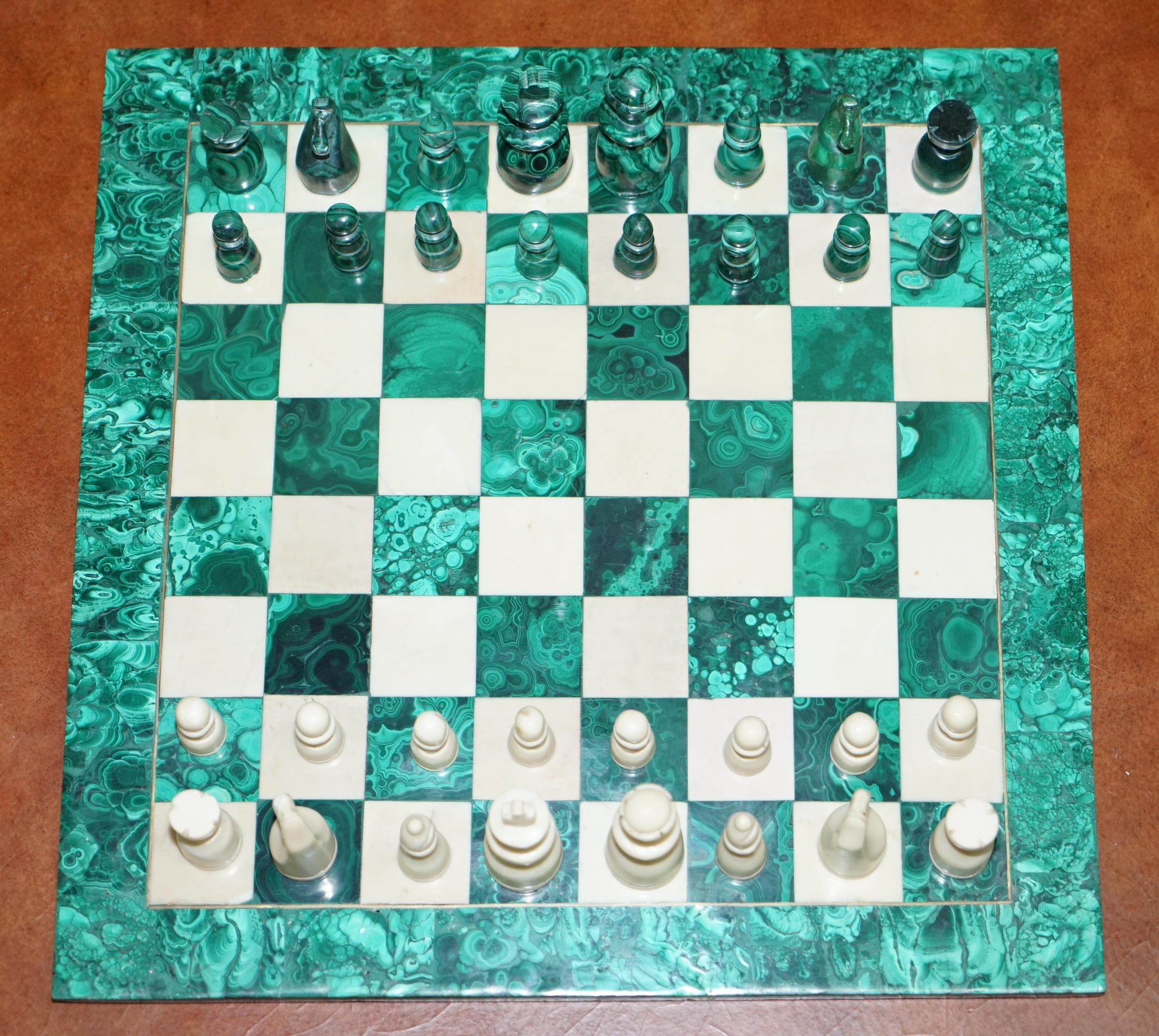Art Deco Sublime Solid Malachite and Marble Full Sized Chess Set Must See Pictures
